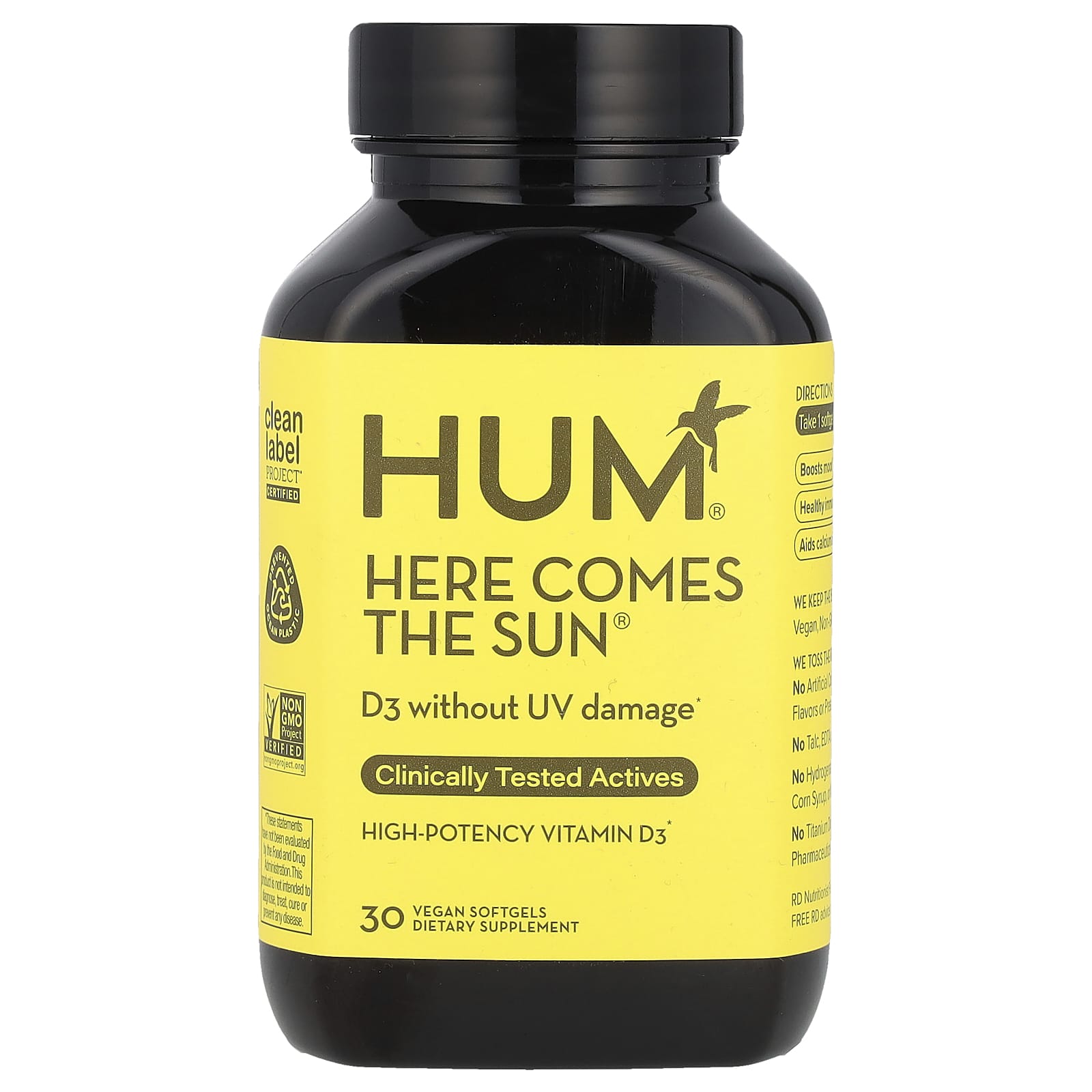 HUM Nutrition Here Comes The Sun, High-Potency Vitamin D3, 30 Vegan Softgels (50 mcg per Softgel) — Tunisie