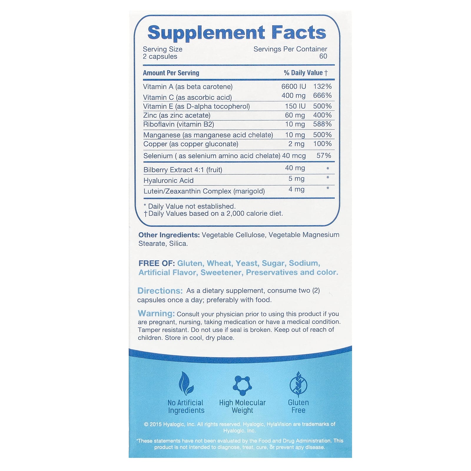 Hyalogic Hylavision, Hyaluronic Acid + Lutein + Zeaxathin + Vitamins – 120 gélules — photo 2 sur 2
