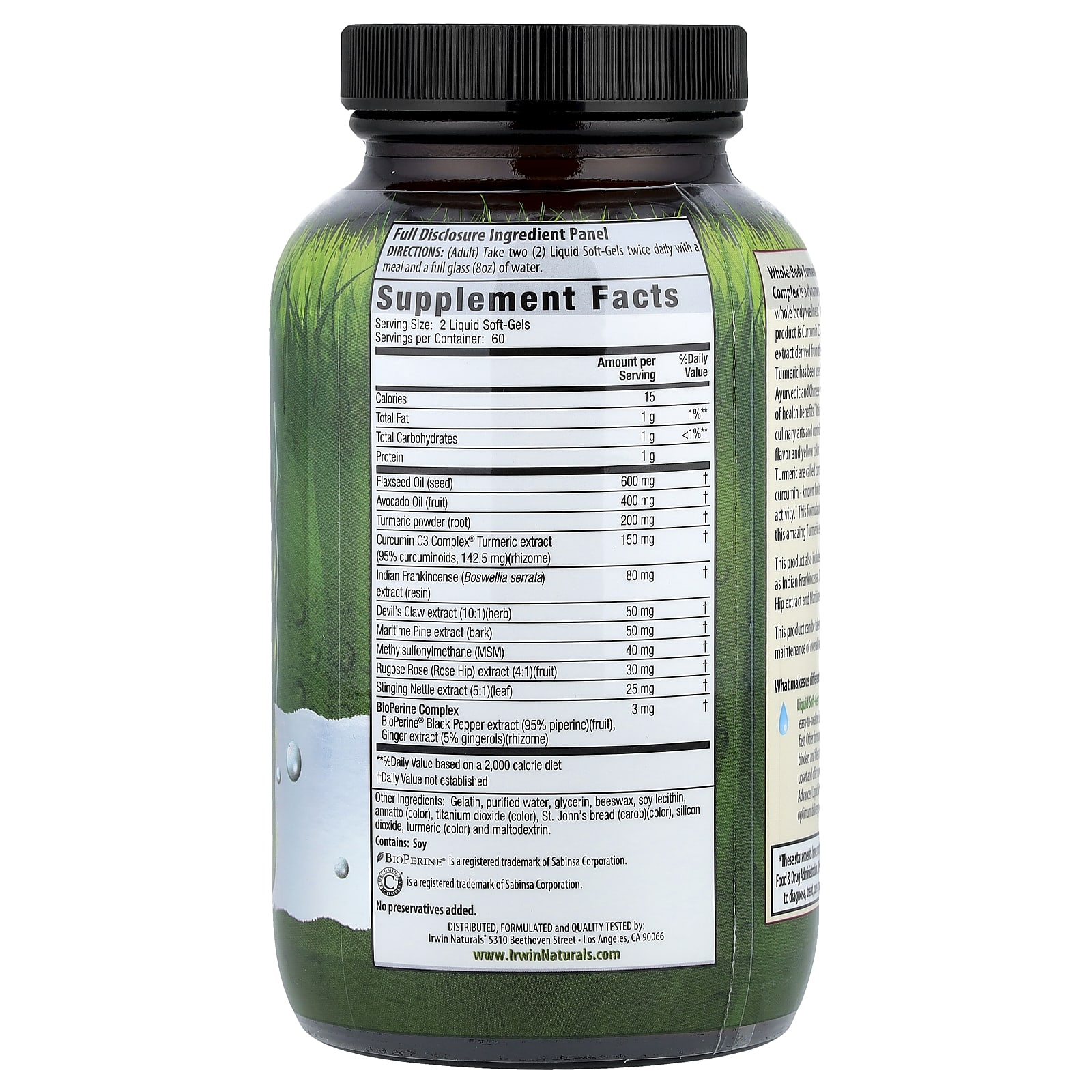 Irwin Naturals Whole-Body Turmeric + Curcumin C3 Complex, 120 Liquid Soft-Gels — photo 2 sur 2