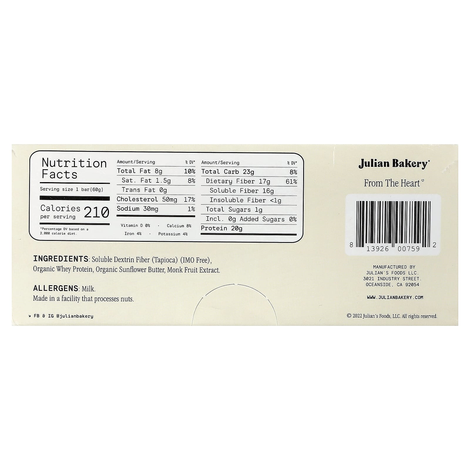 Julian Bakery Whey Protein Bar – Sweet Cream – 60 g — photo 2 sur 2