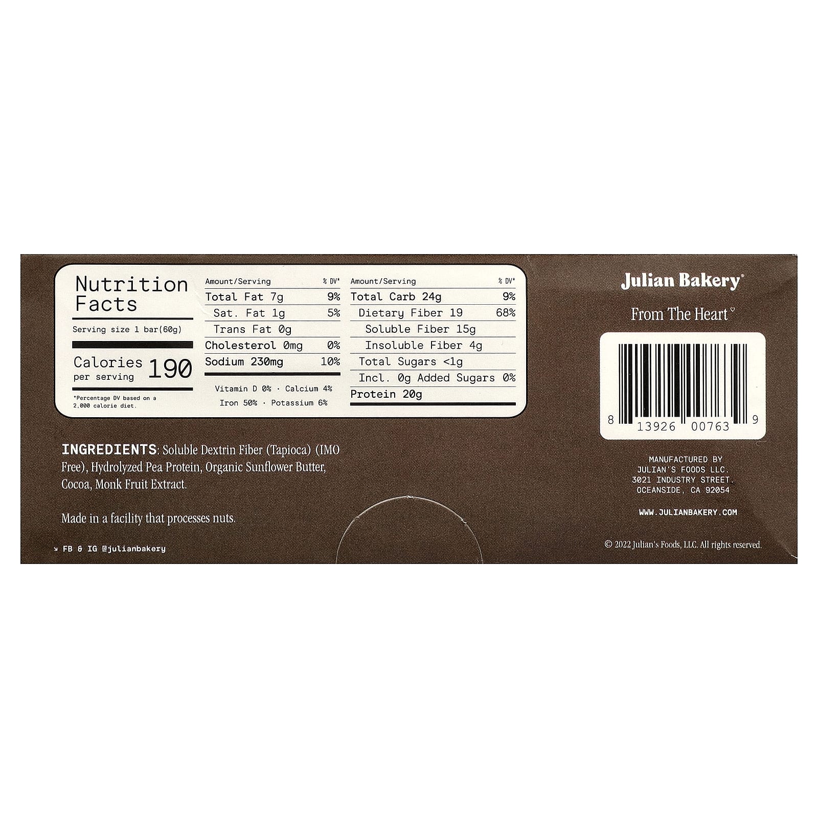 Julian Bakery Pea Protein Bar – Dark Chocolate – 60 g — photo 2 sur 2