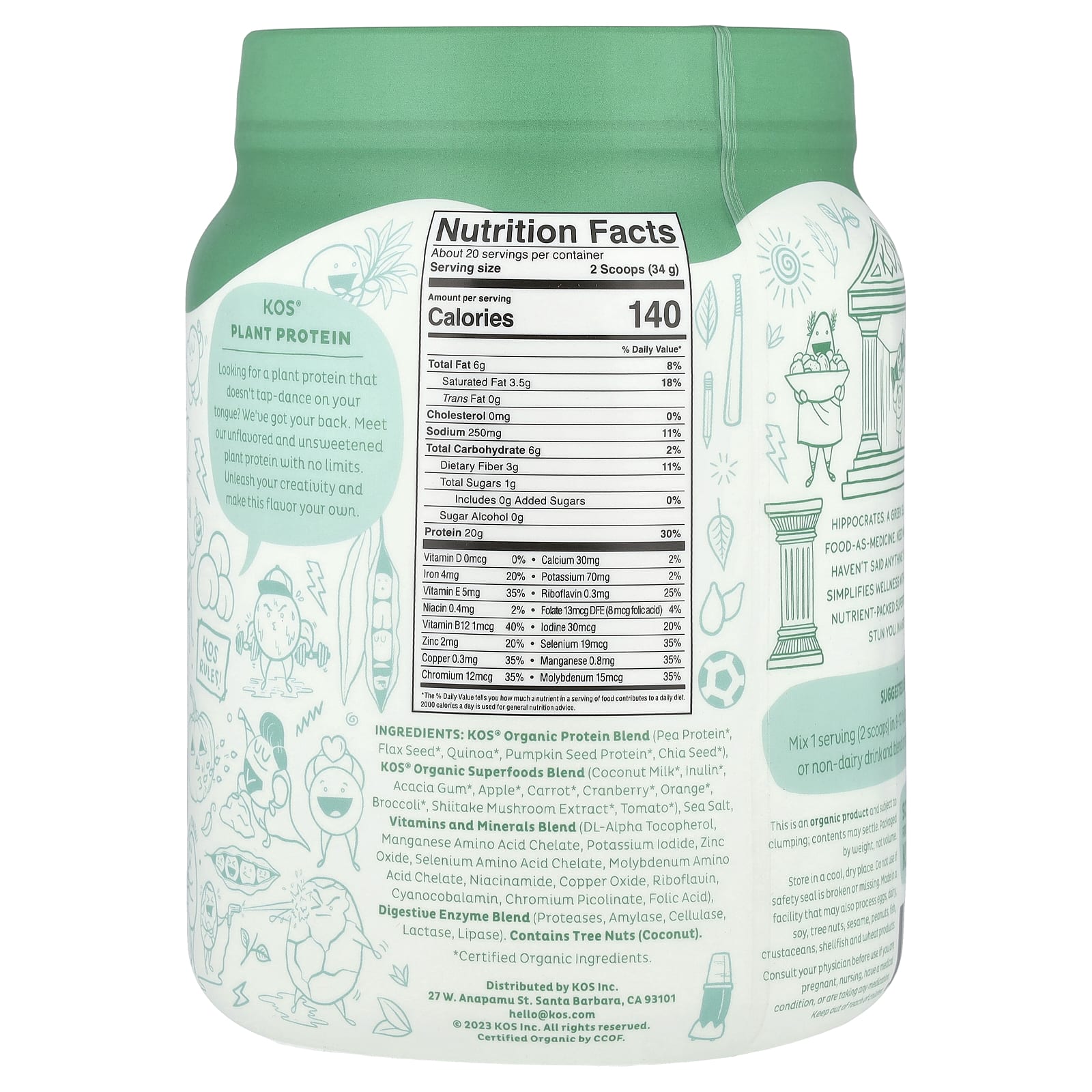 KOS Organic Superfood Plant Protein Powder, Unflavored & Unsweetened – Sans arôme – 680 g — photo 2 sur 2