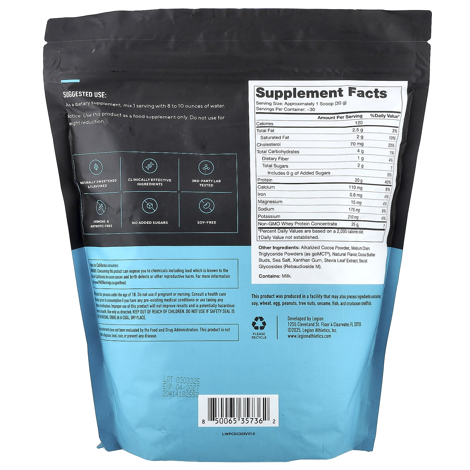 Legion Athletics Whey Concentrate, Whey Protein Powder – Dutch Chocolate – 915 g — photo 2 sur 2