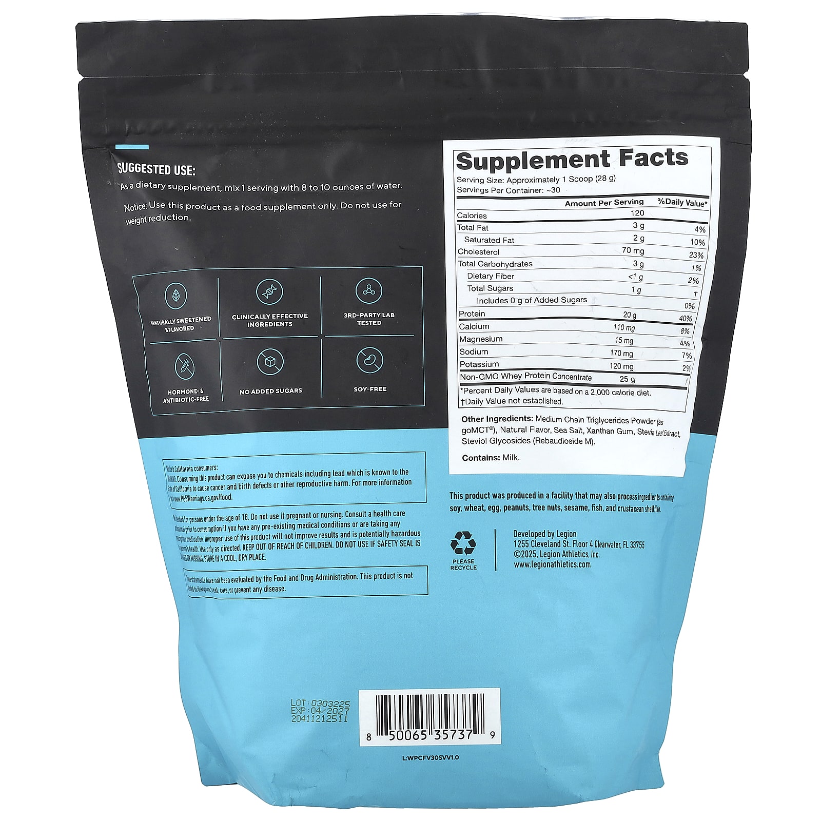Legion Athletics Whey Concentrate, Whey Protein Powder – French Vanilla – 861 g — photo 2 sur 2