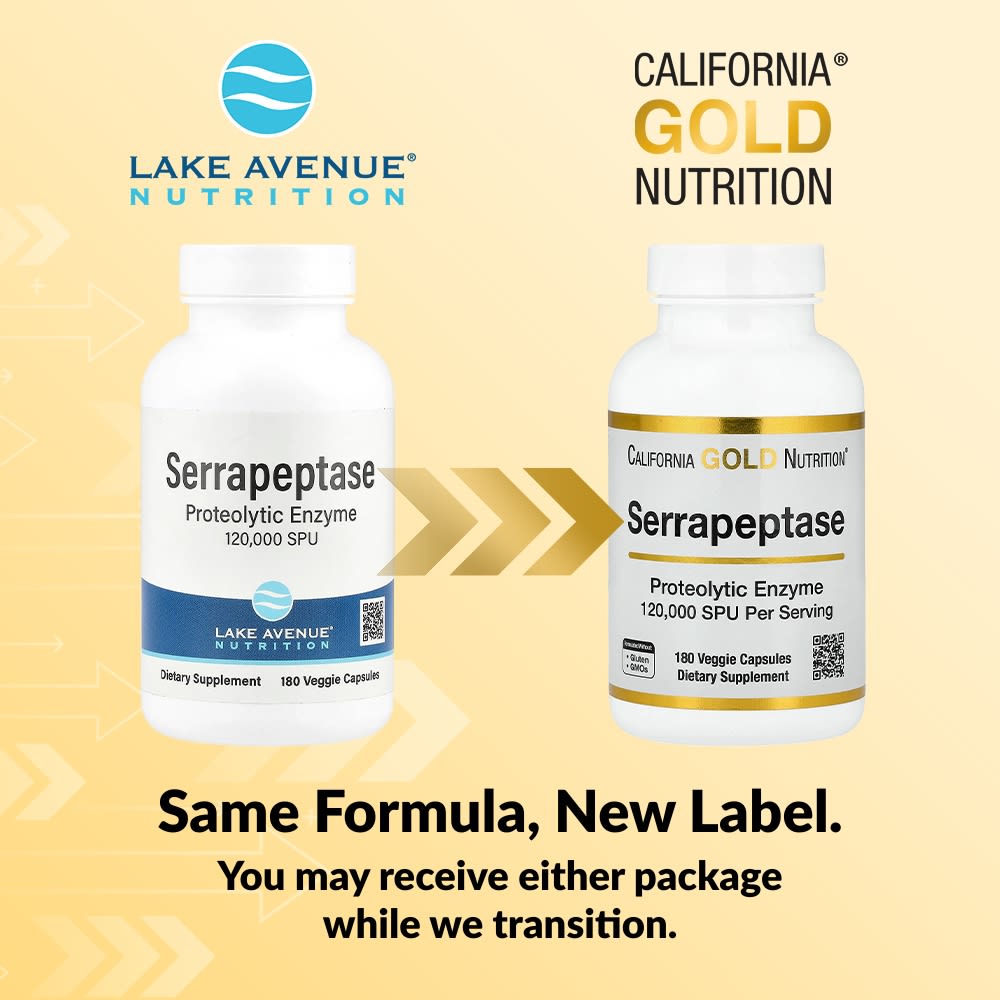 California Gold Nutrition Serrapeptase, Proteolytic Enzyme – 120,000 SPUs – 180 gélules végétales — étiquette 1