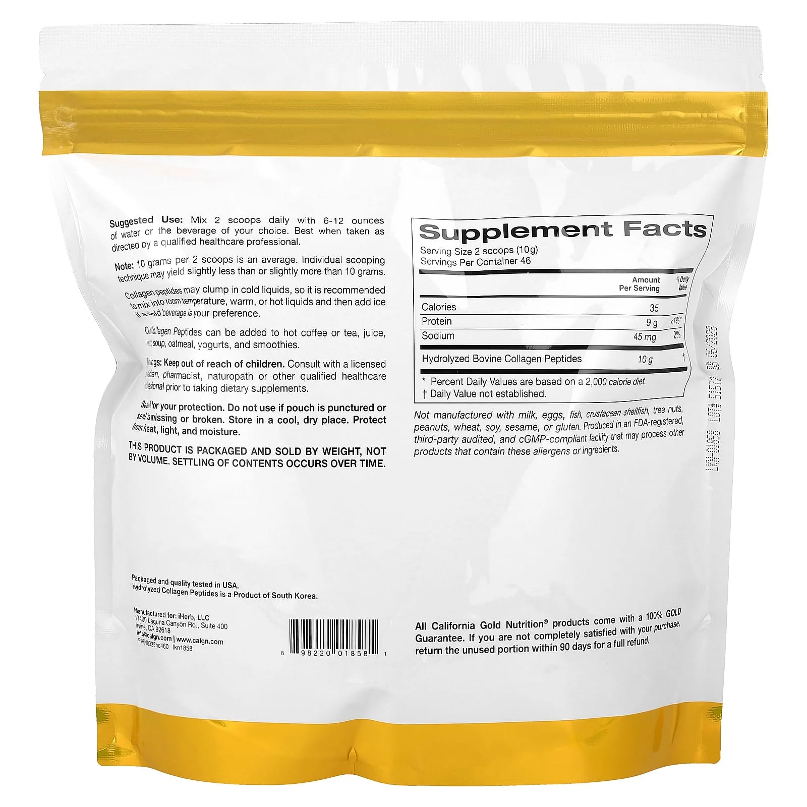 California Gold Nutrition Hydrolyzed Collagen Peptides, Type I & III – Sans arôme – 460 g — photo 2 sur 2