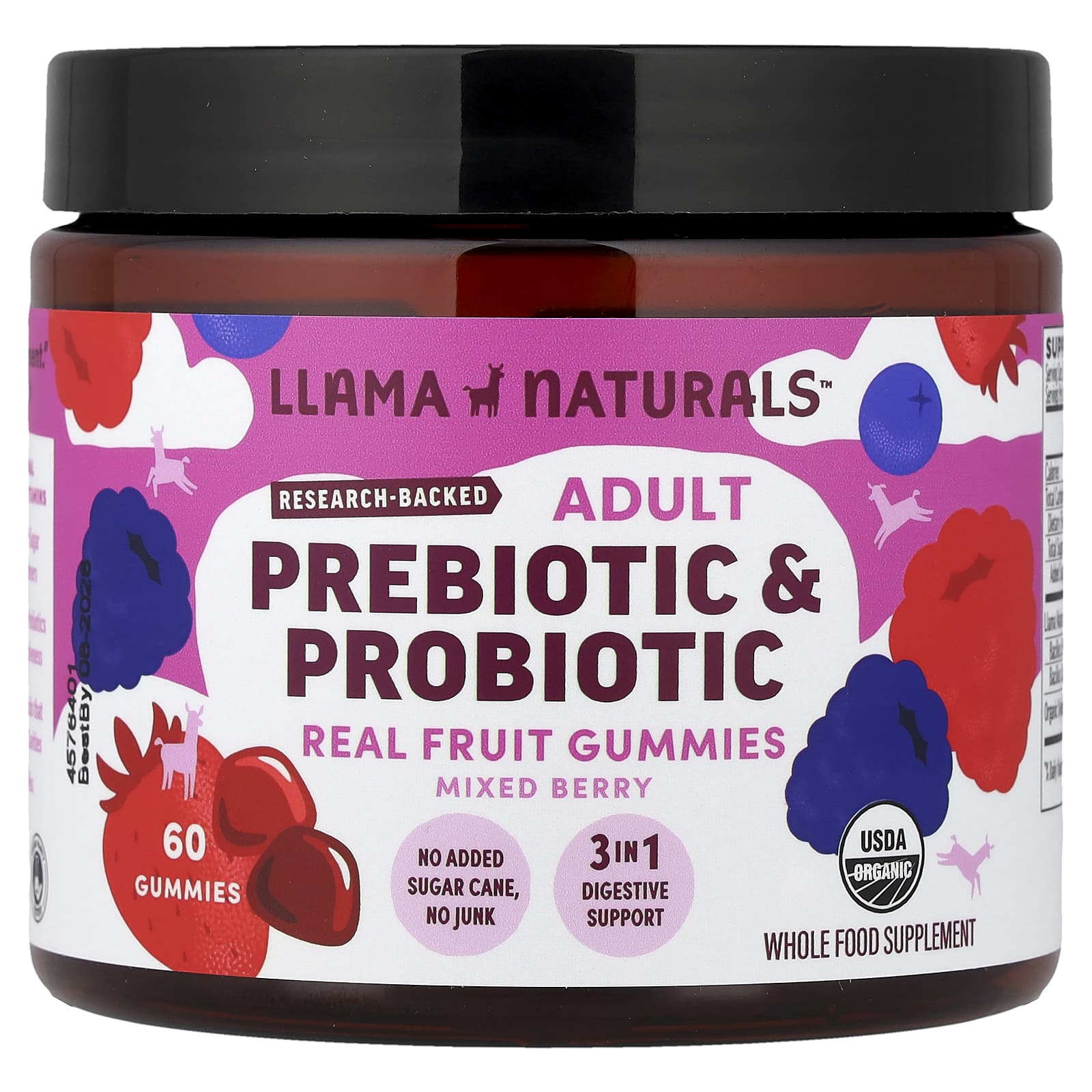 Llama Naturals Adult Prebiotic & Probiotic, Mixed Berry – Real Fruit Gummies – 60 gommes — Tunisie