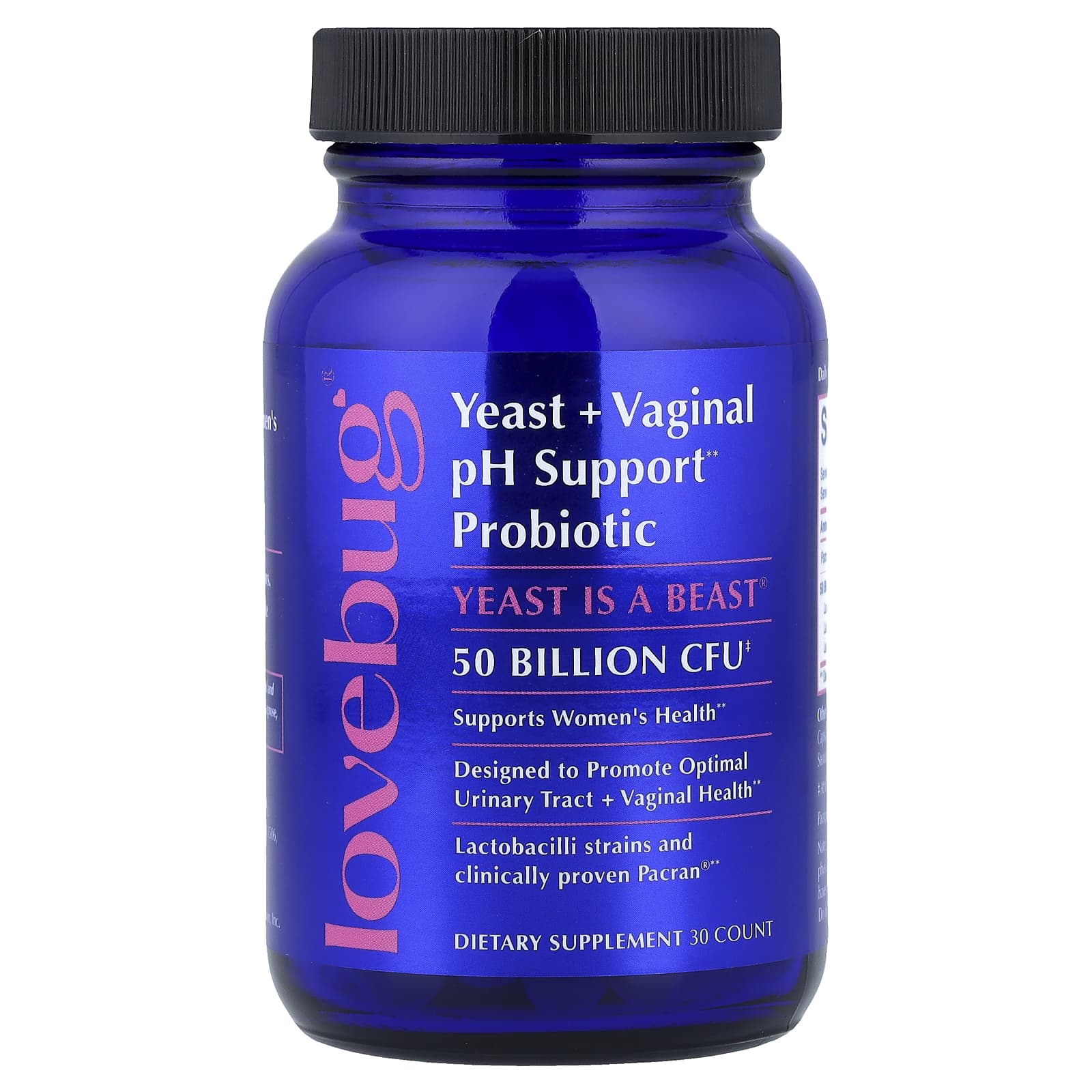 LoveBug Probiotics Yeast + Vaginal pH Support Probiotic – 30 gélules — étiquette 1