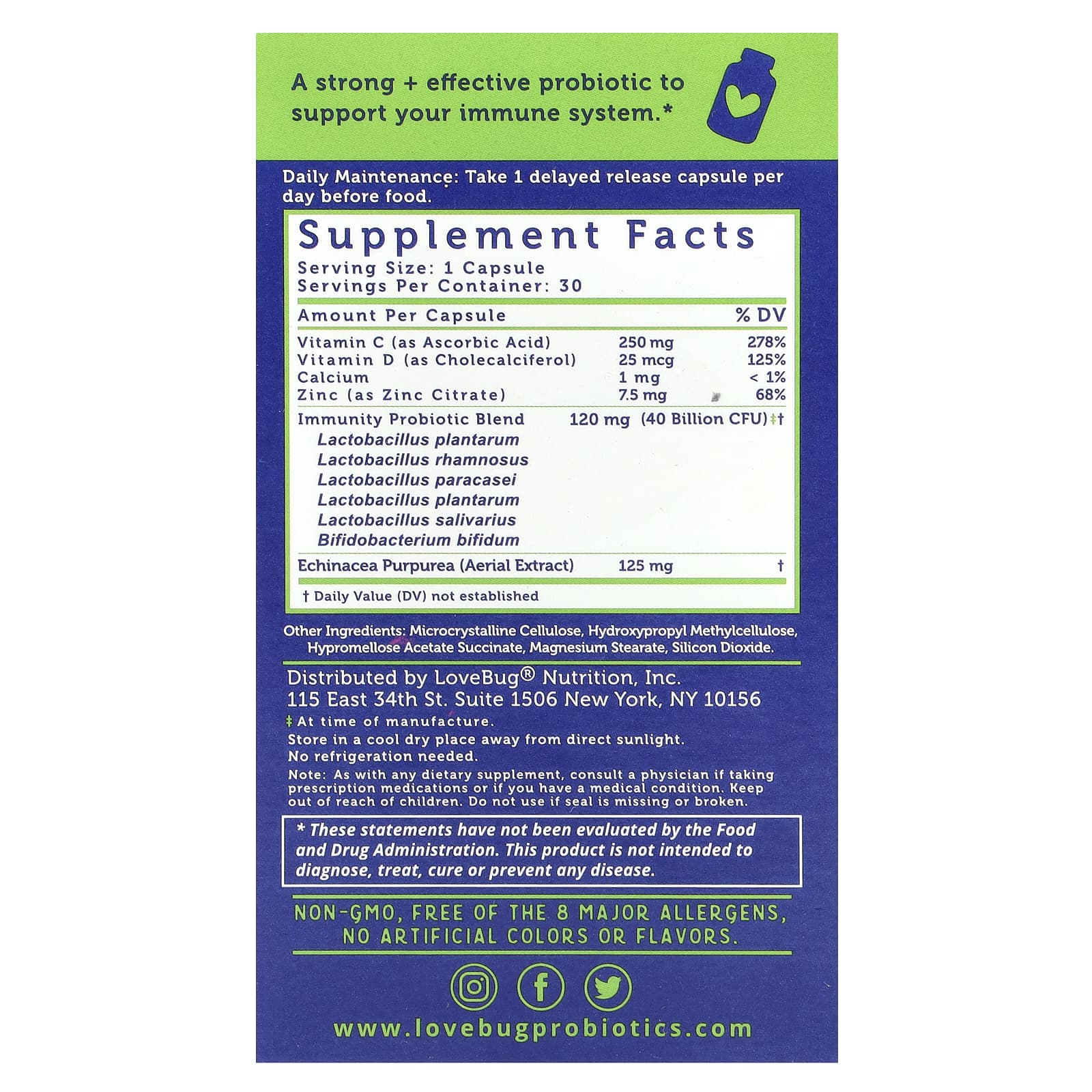 LoveBug Probiotics Immune Support Probiotic, Daily Probiotic – 30 gélules — photo 2 sur 2