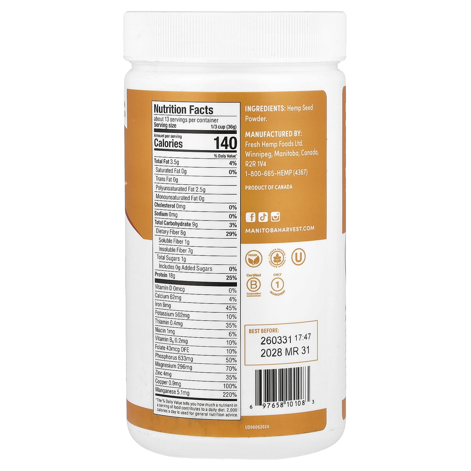 Manitoba Harvest Balanced Protein + Fiber, Hemp Protein Powder, Unsweetened – 454 g — photo 2 sur 2