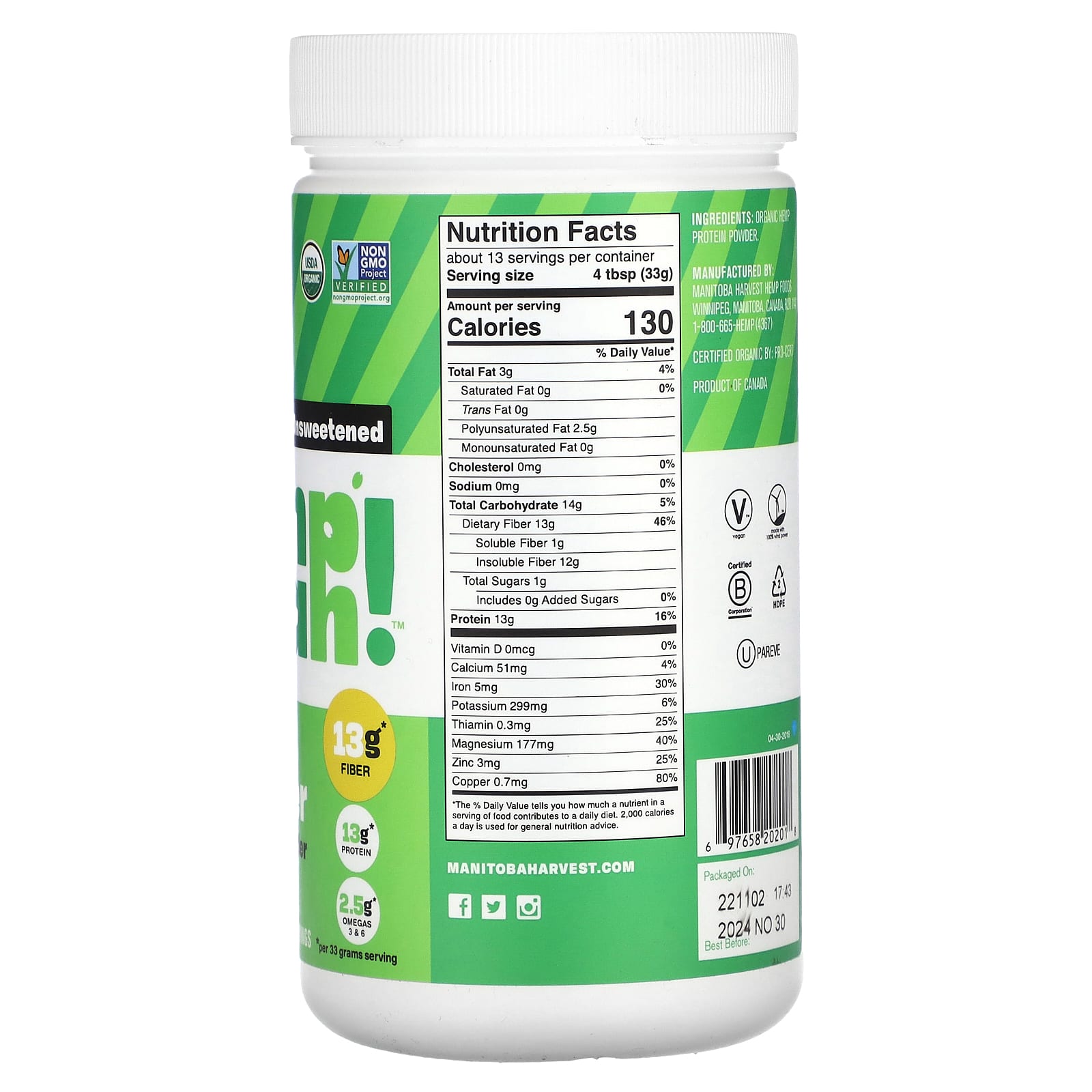 Manitoba Harvest Organic Hemp Yeah! Max Fiber Hemp Protein Powder, Unsweetened – 454 g — photo 2 sur 2