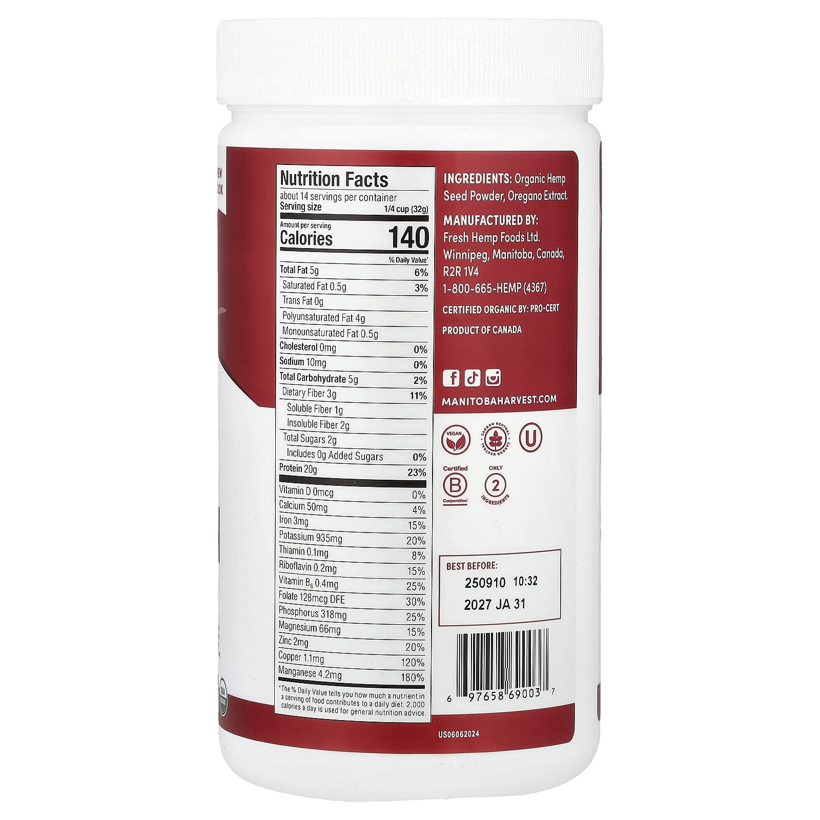 Manitoba Harvest Organic Max Protein Powder, Unsweetened – 454 g — photo 2 sur 2