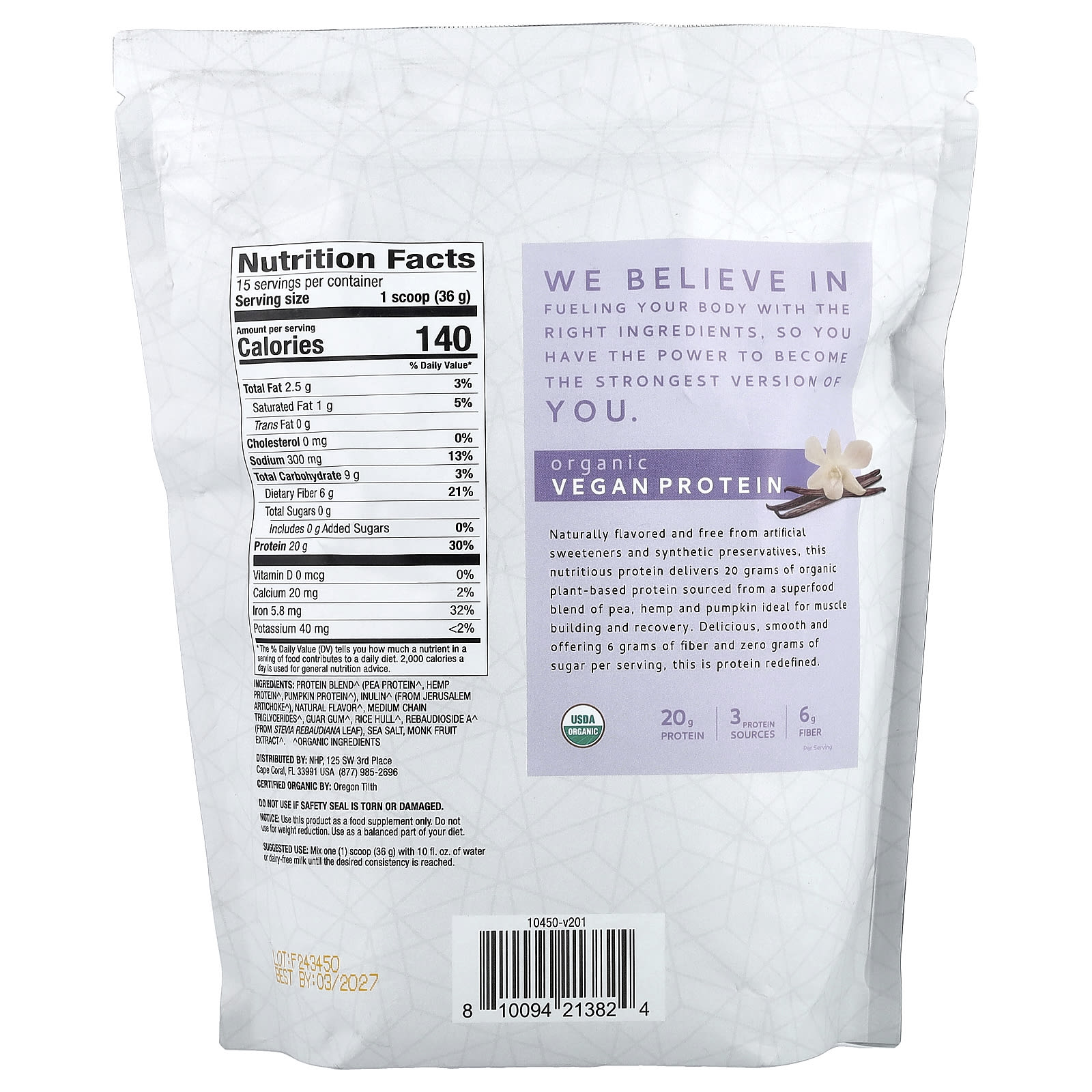 Dr. Mercola Pure Power, Organic Vegan Protein – Vanilla – 540 g — photo 2 sur 2