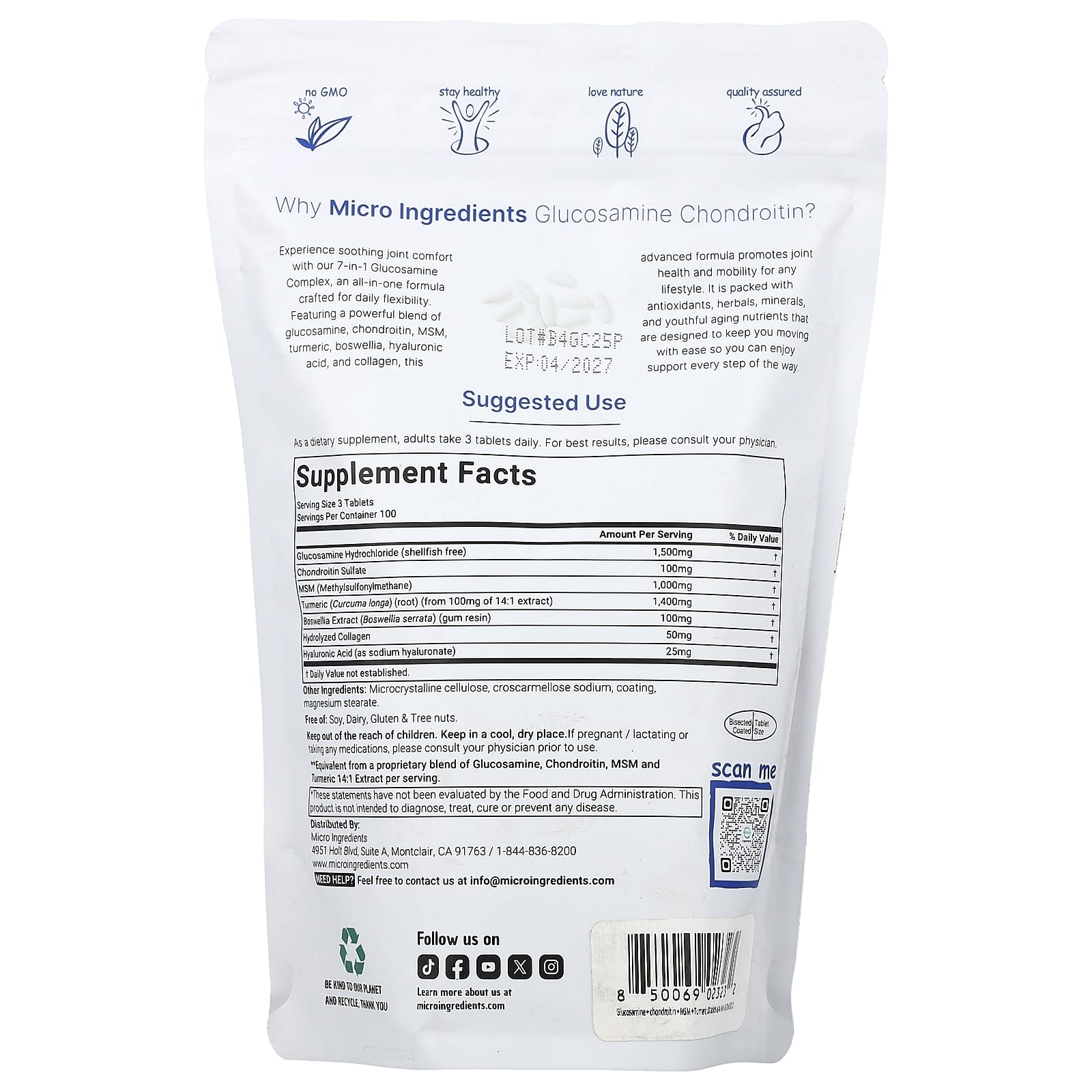 Micro Ingredients Glucosamine Chondroitin, MSM & Turmeric, 300 Bisected Tablets — photo 2 sur 2