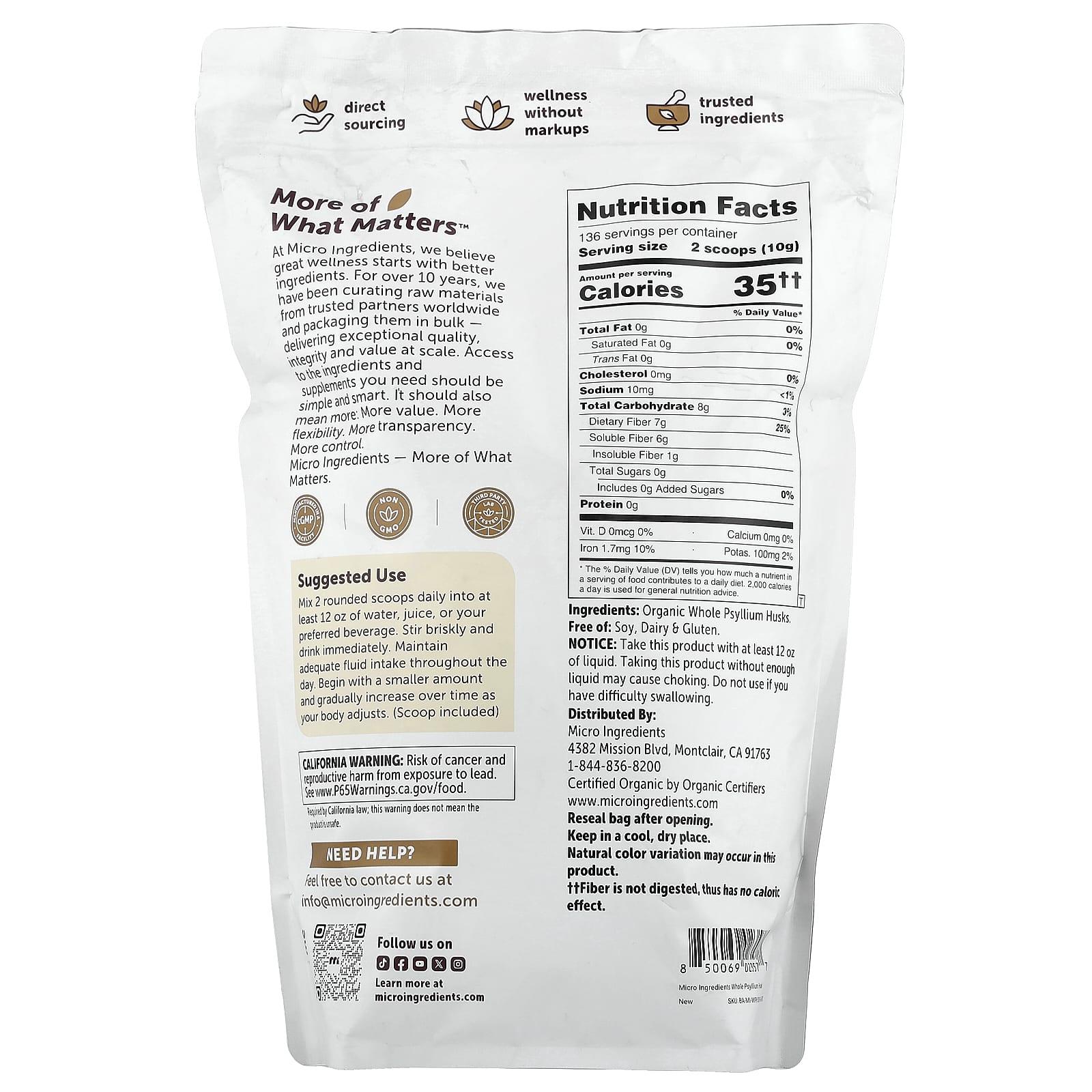 Micro Ingredients Organic Whole Psyllium Husks – 1361 g — photo 2 sur 2