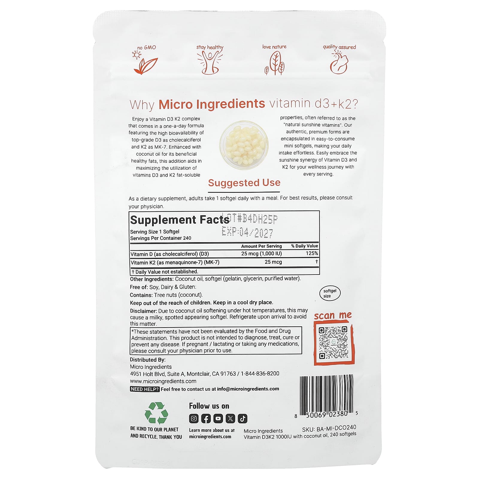 Micro Ingredients Vitamin D3 + K2 – 240 capsules molles — photo 2 sur 2