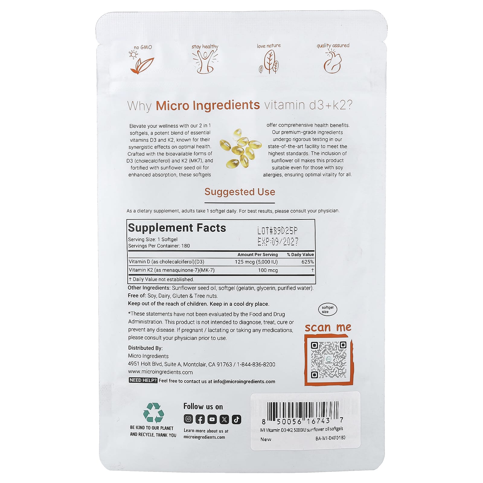Micro Ingredients Vitamin D3 + K2 – 180 capsules molles — photo 2 sur 2