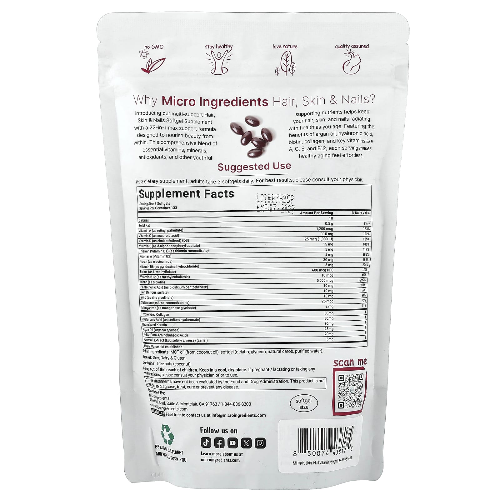 Micro Ingredients Hair, Skin, Nails – 400 capsules molles — photo 2 sur 2