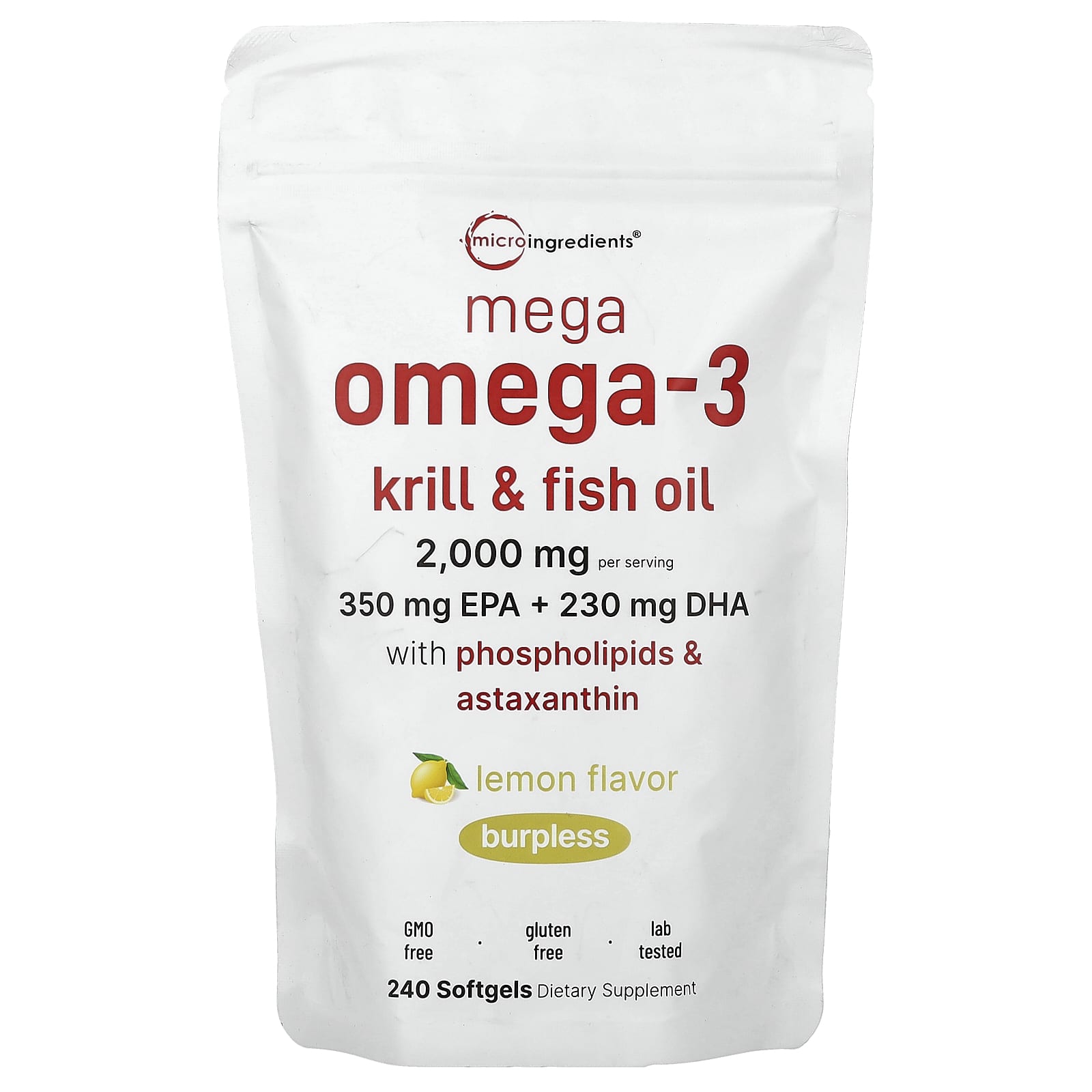 Micro Ingredients Mega Omega-3 Krill & Fish Oil With Phospholipids & Astaxanthin – Lemon – 240 capsules molles — Tunisie
