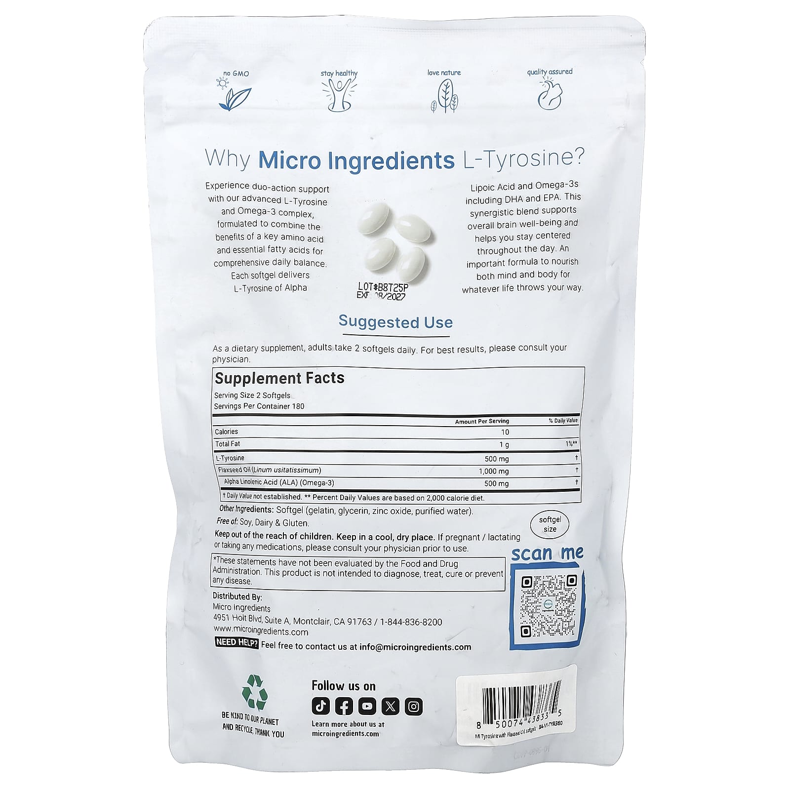 Micro Ingredients L-Tyrosine – 360 capsules molles — photo 2 sur 2