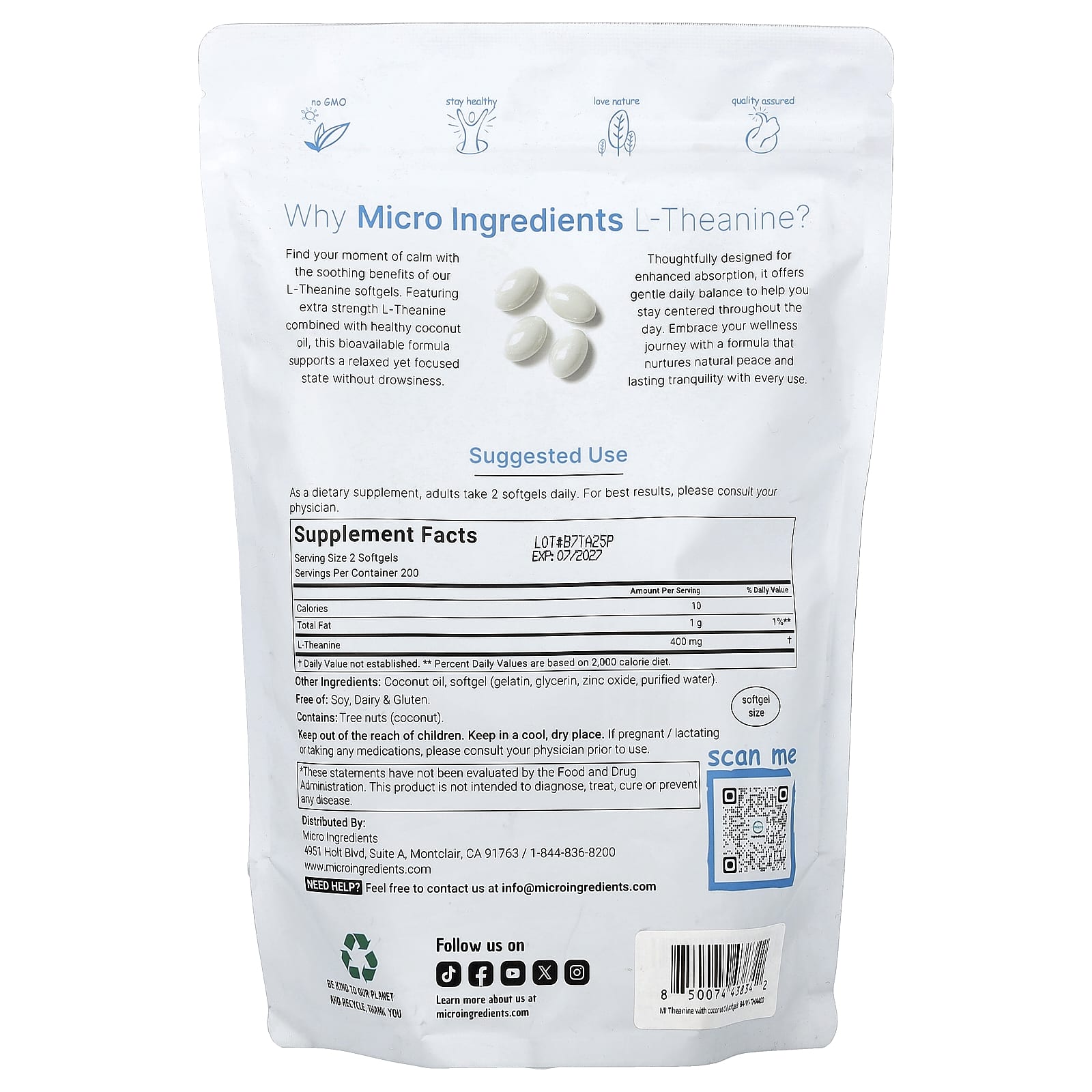 Micro Ingredients L-Theanine – 200 mg – 400 capsules molles — photo 2 sur 2