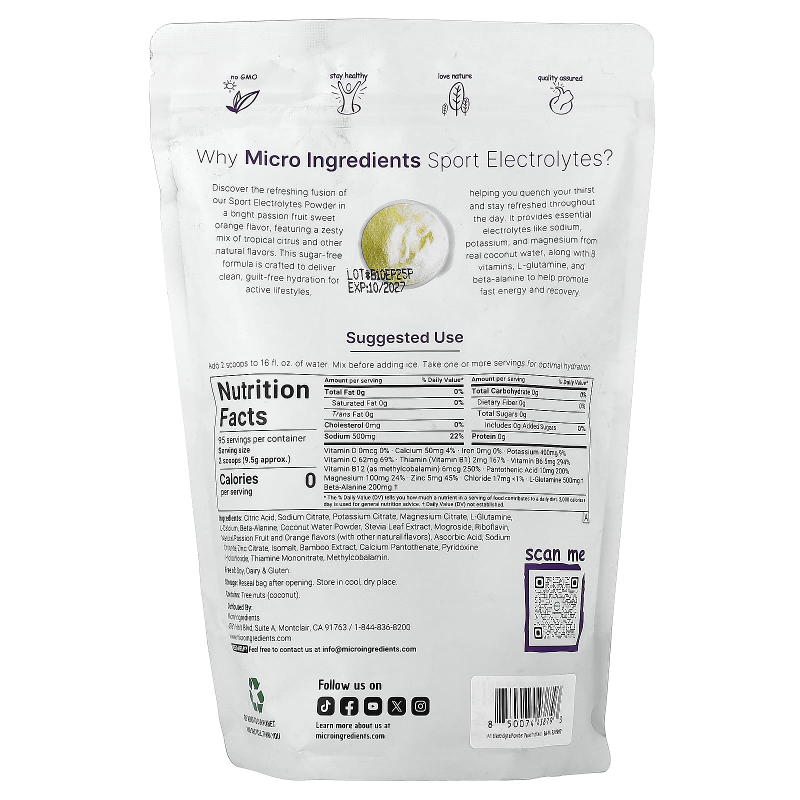 Micro Ingredients Sport Electrolytes Powder – Passion Fruit & Citrus – 907 g — photo 2 sur 2