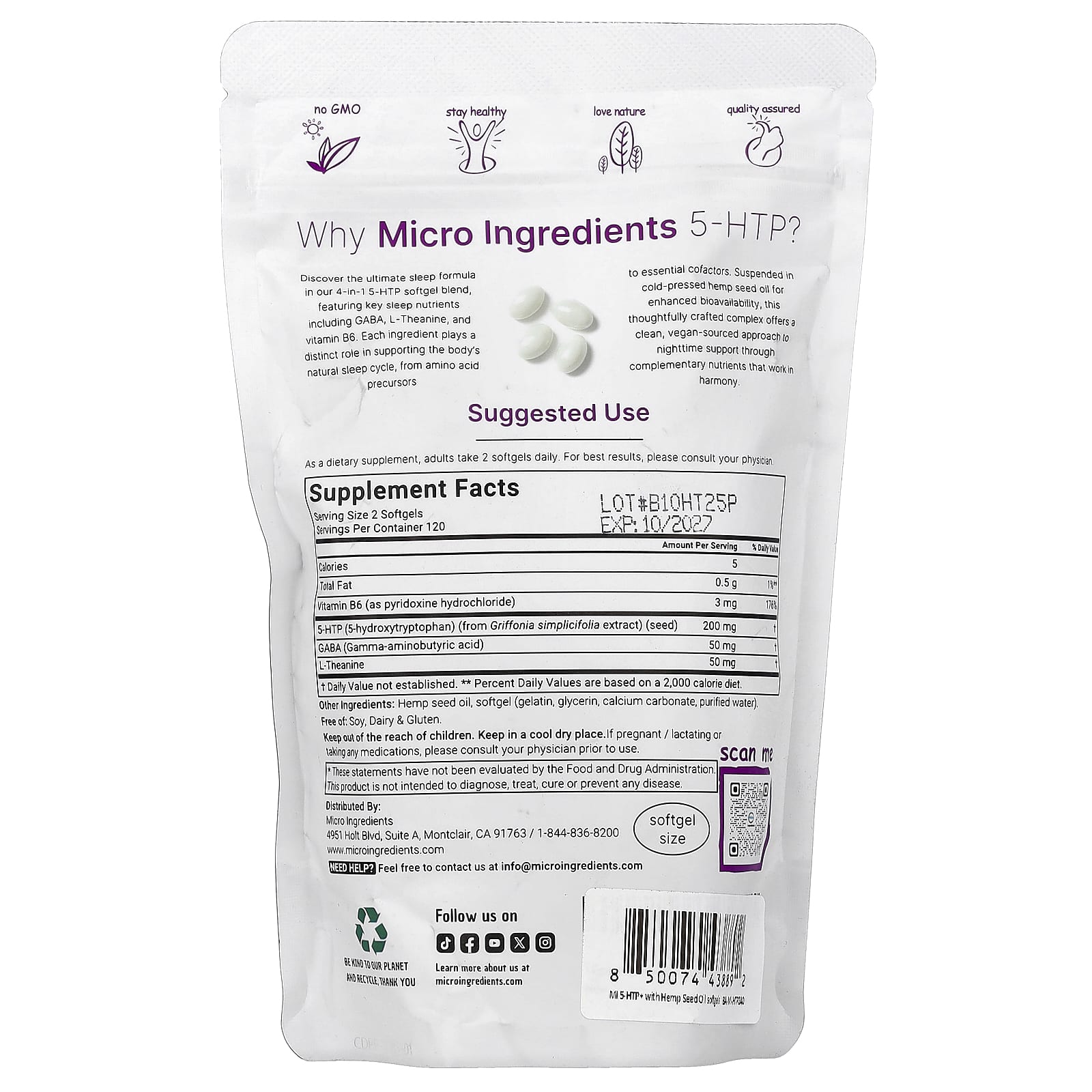 Micro Ingredients 5 HTP + Gaba, L-Theanine – 240 capsules molles — photo 2 sur 2