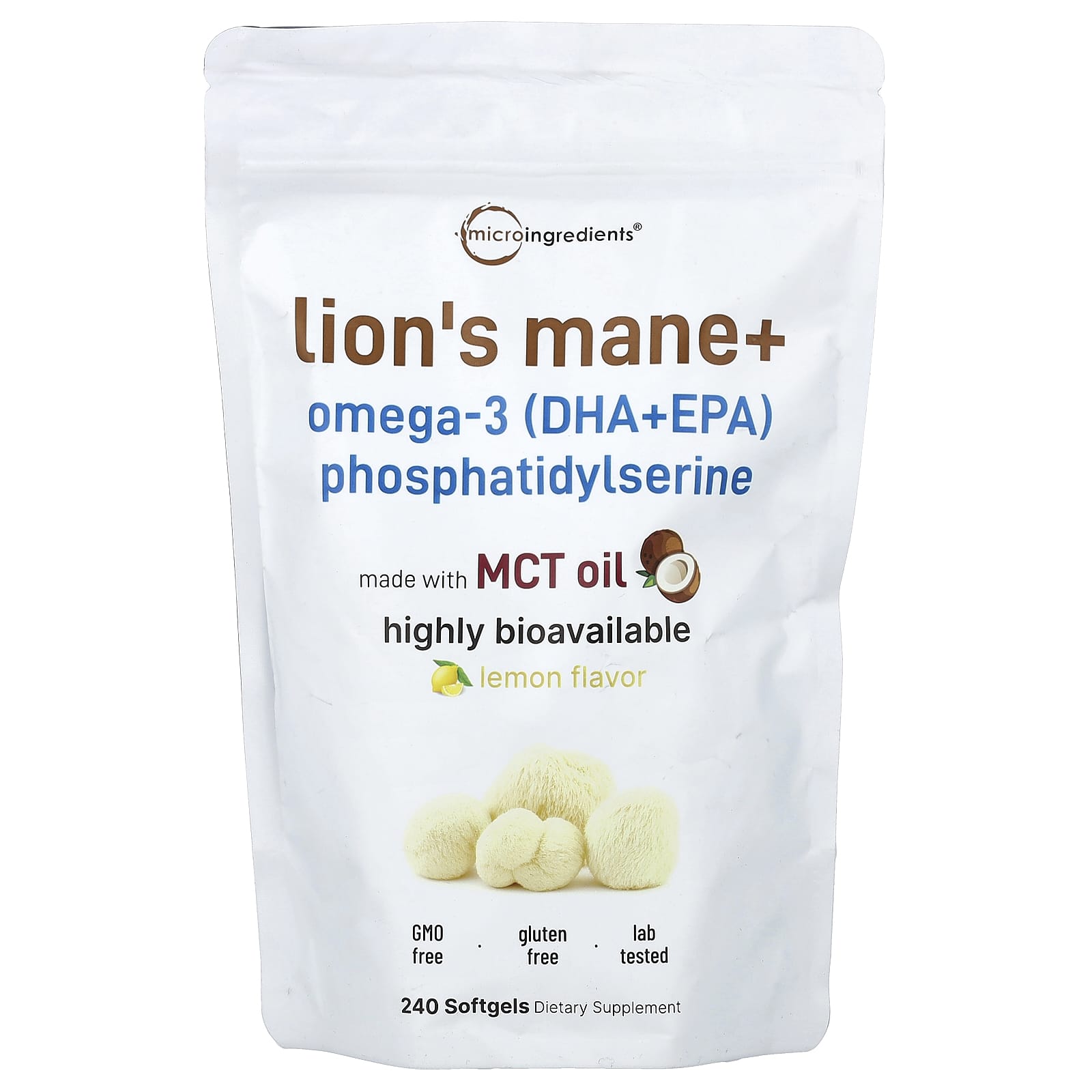 Micro Ingredients Lion's Mane + Omega-3 (DHA+EPA) Phosphatidylserine – Lemon – 240 capsules molles — Tunisie