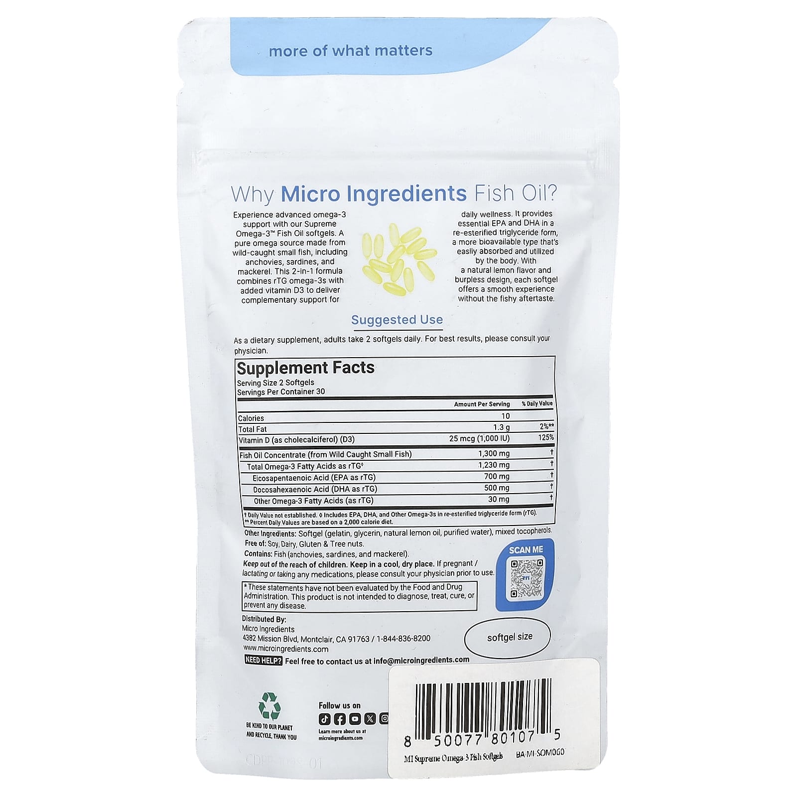 Micro Ingredients Supreme Omega-3 Fish Oil – Fresh Lemon – 60 capsules molles — photo 2 sur 2
