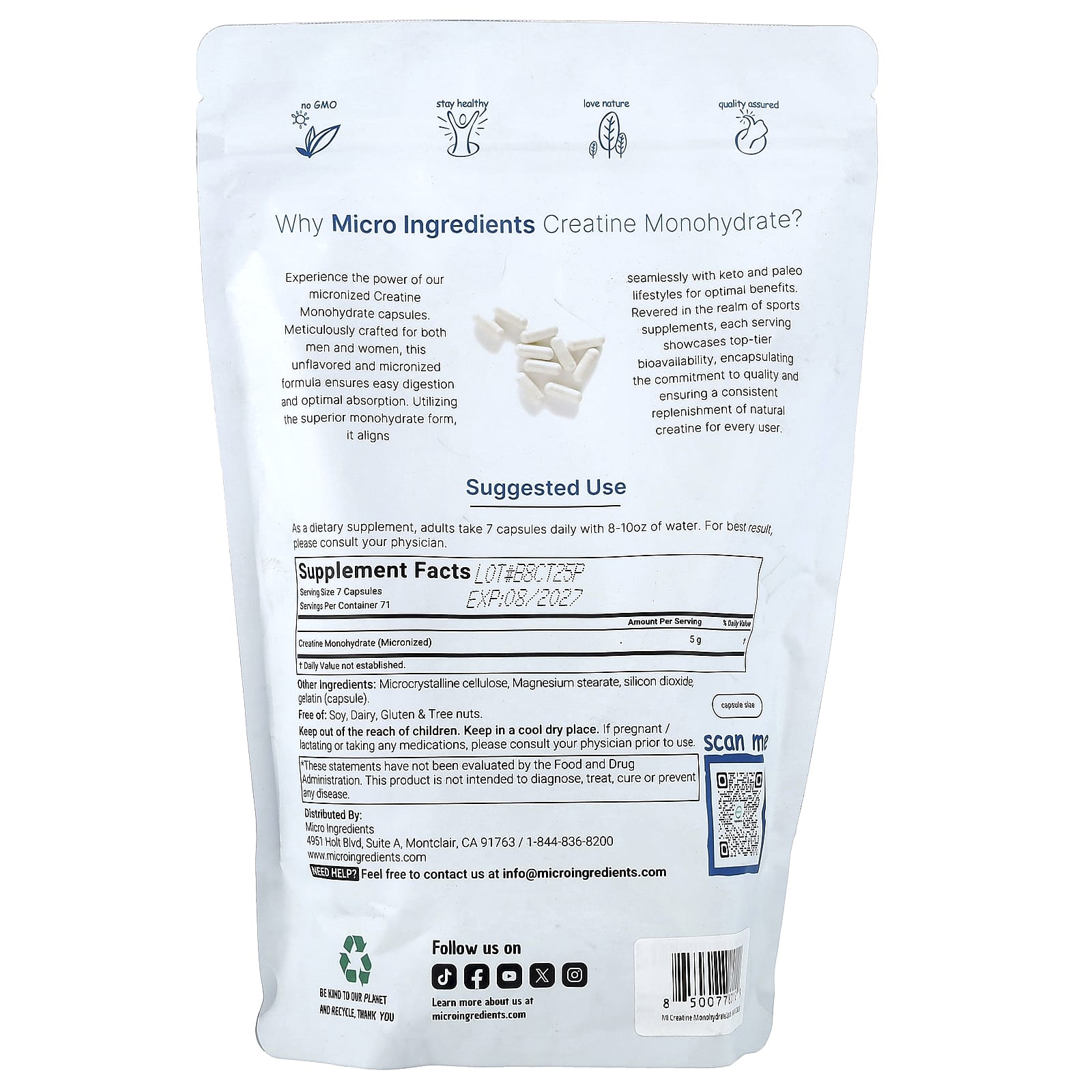 Micro Ingredients Creatine Monohydrate – 500 gélules — photo 2 sur 2
