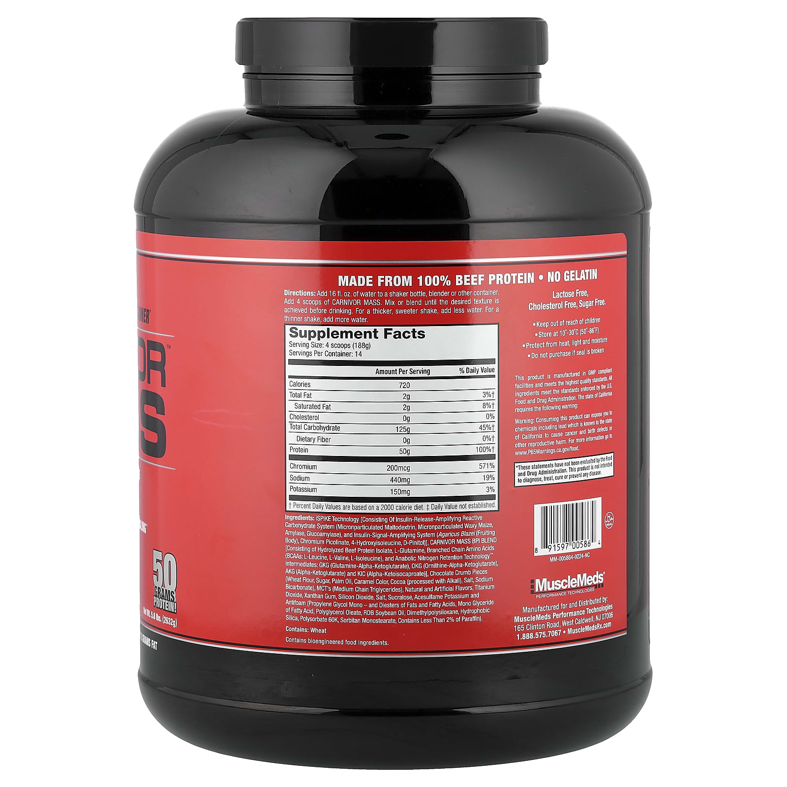 MuscleMeds Carnivor Mass, Anabolic Beef Protein Gainer – Cookies & Cream – 2632 g — photo 2 sur 2