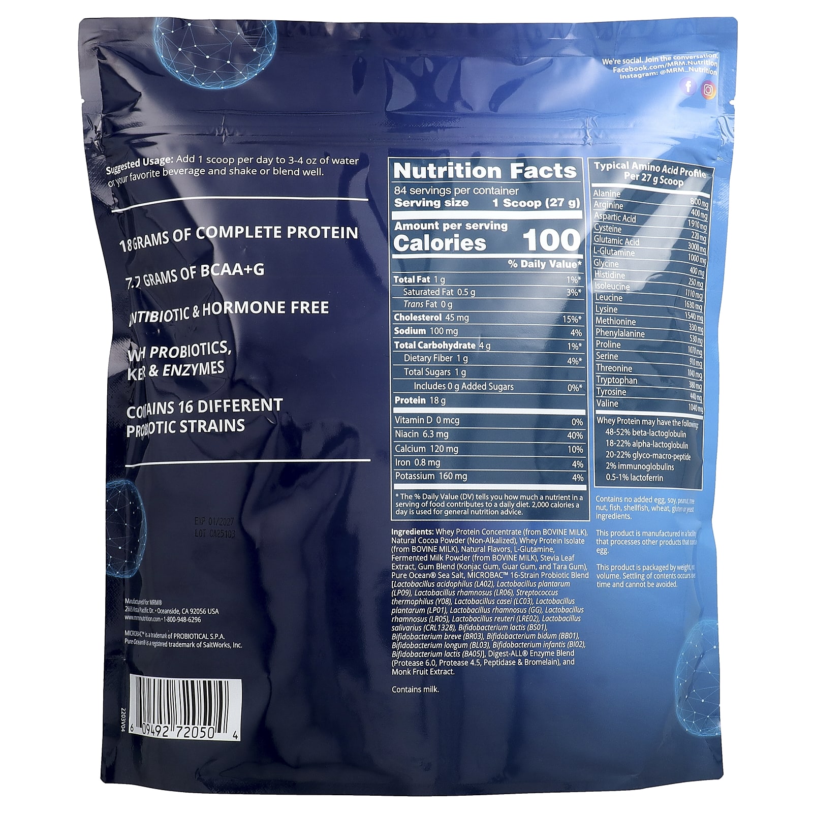 MRM Nutrition Whey Protein with Probiotics & Postbiotics – Chocolate – 2270 g — photo 2 sur 2
