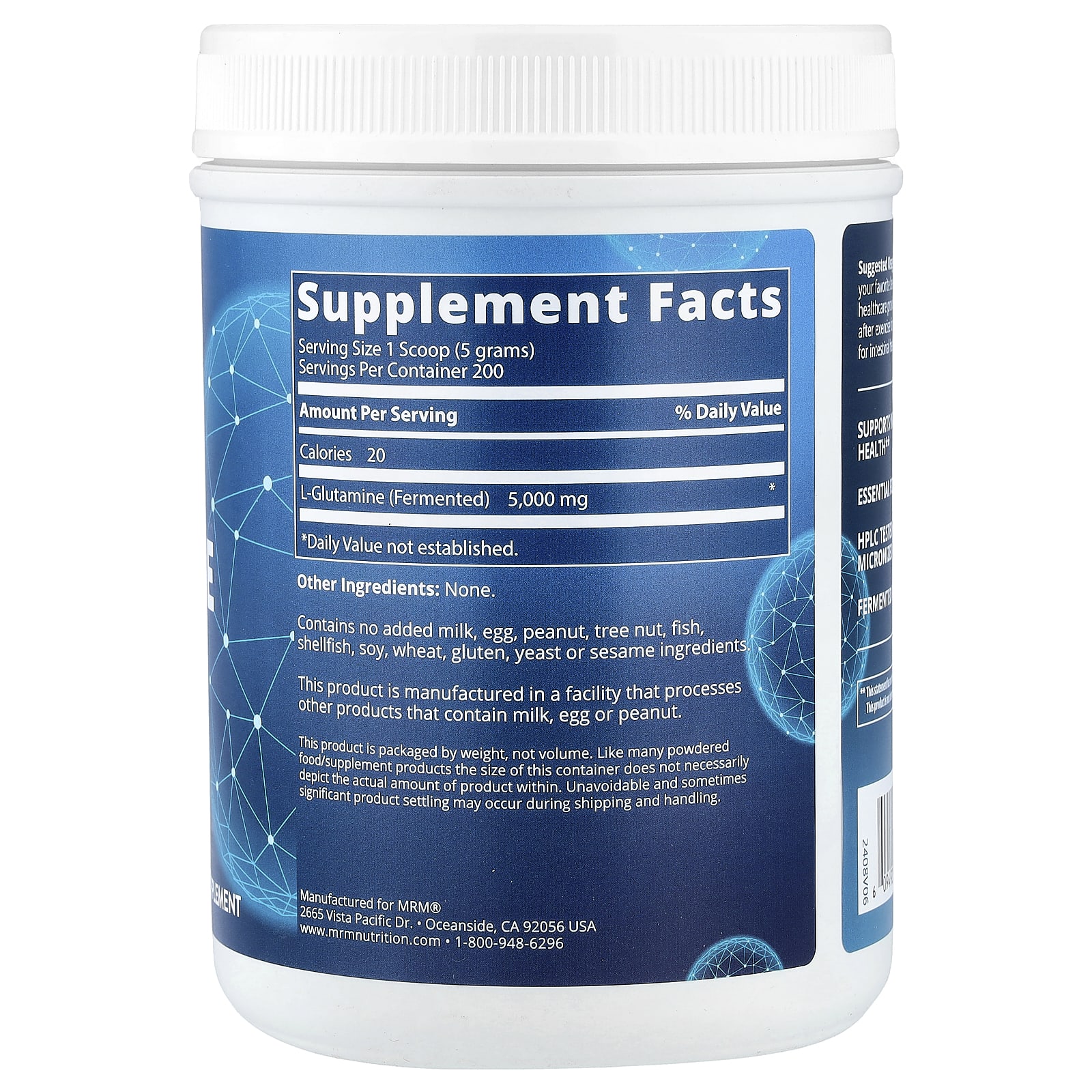 MRM Nutrition L-Glutamine 1000, Recovery – 1000 g — photo 2 sur 2