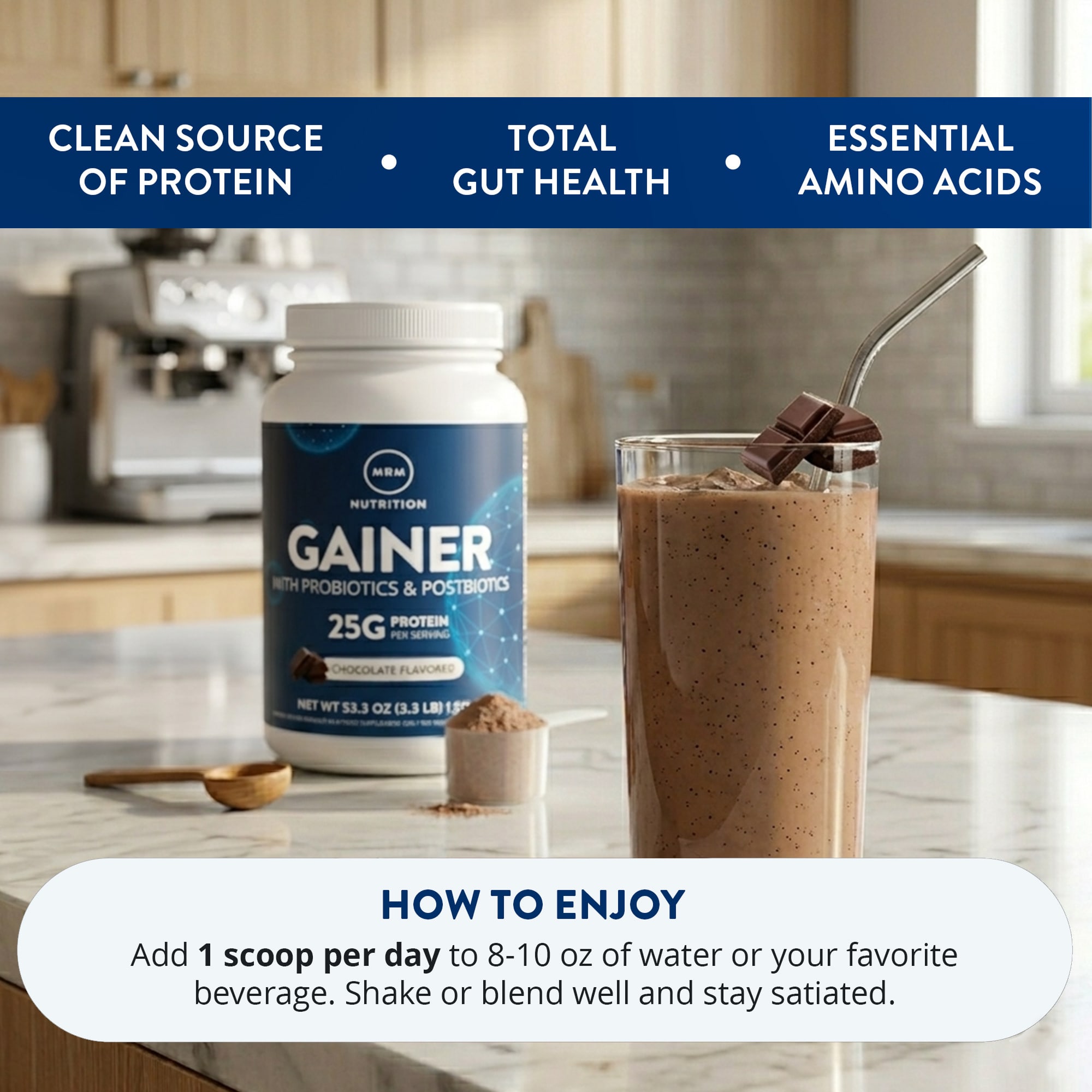 MRM Nutrition Gainer With Probiotics & Postbiotics – Chocolate – 1512 g — étiquette 4