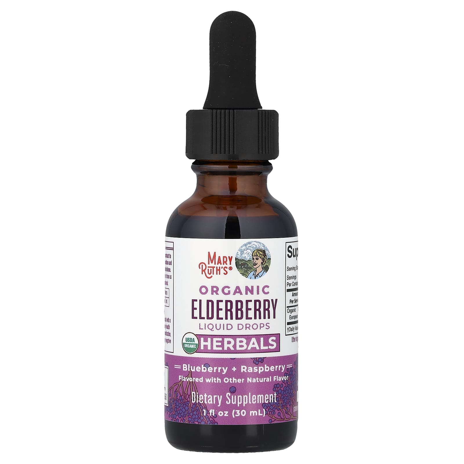 MaryRuth's Organic Elderberry Liquid Drops, Blueberry + Raspberry, Alcohol Free – Organic Elderberry Liquid Drops – 30 ml — étiquette 1