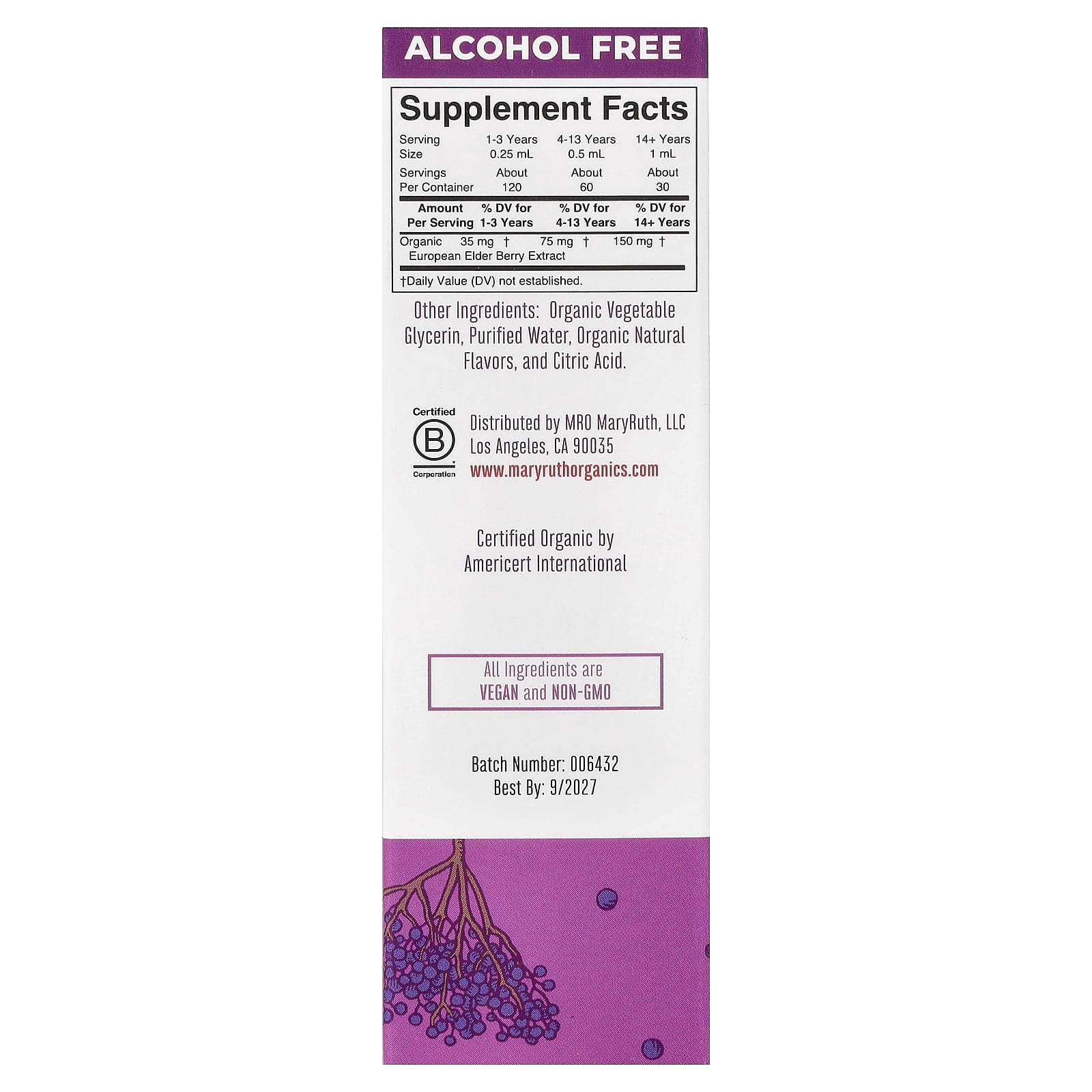 MaryRuth's Organic Elderberry Liquid Drops, Blueberry + Raspberry, Alcohol Free – Organic Elderberry Liquid Drops – 30 ml — photo 2 sur 2