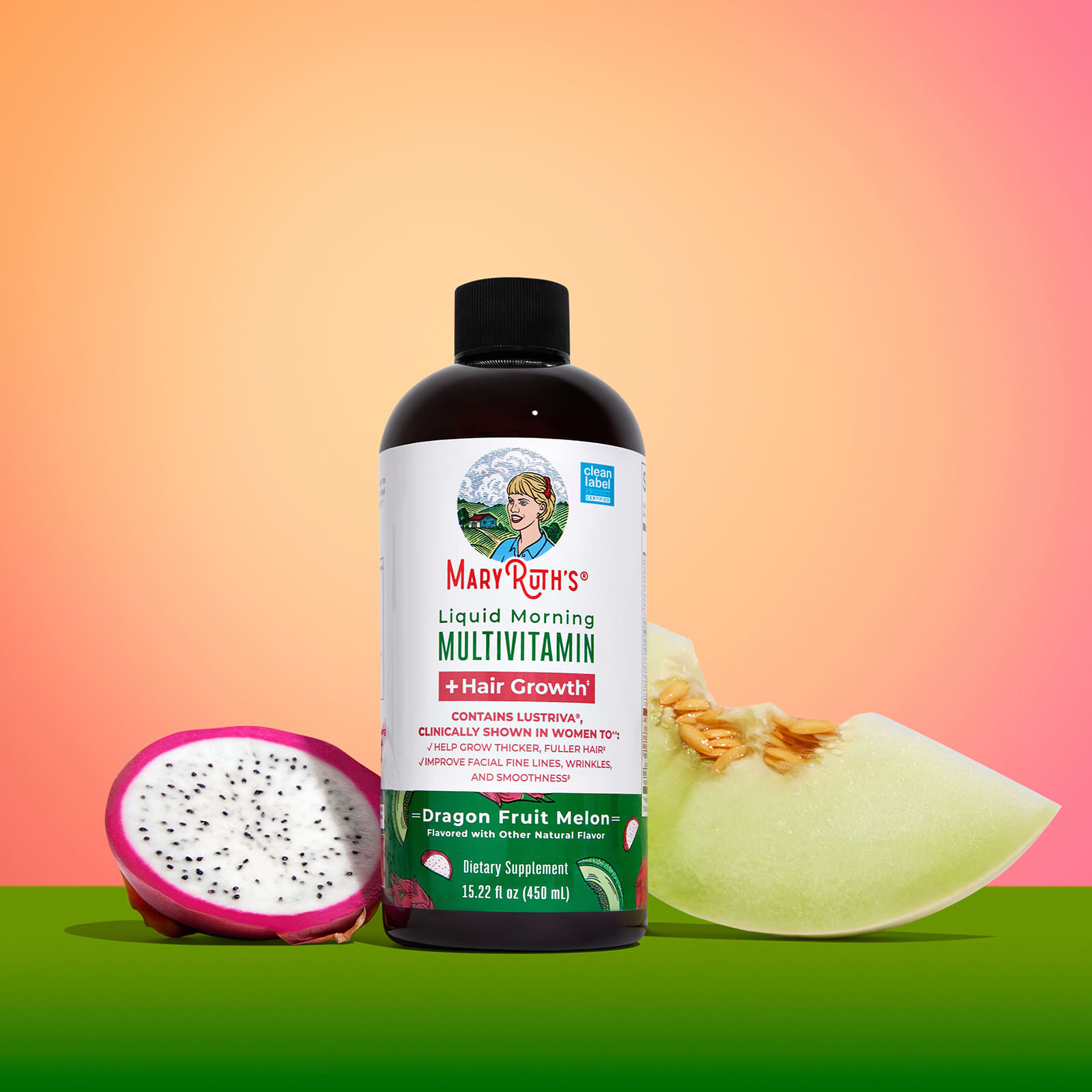 MaryRuth's Liquid Morning Multivitamin + Hair Growth – Dragon Fruit Melon – 450 ml — étiquette 1
