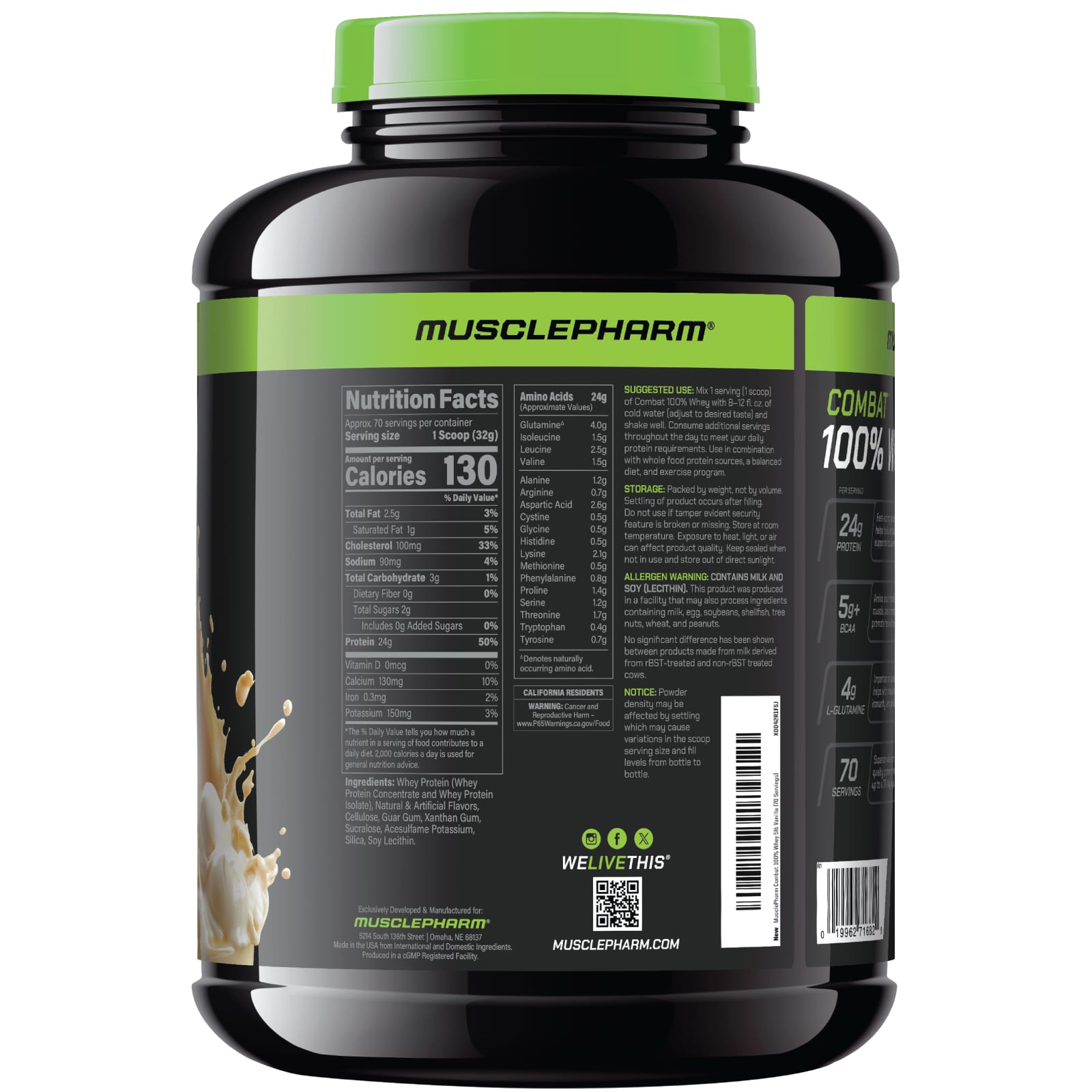 MusclePharm Combat 100% Whey Protein Powder – Vanilla Ice Cream – 2,24 kg — photo 2 sur 2