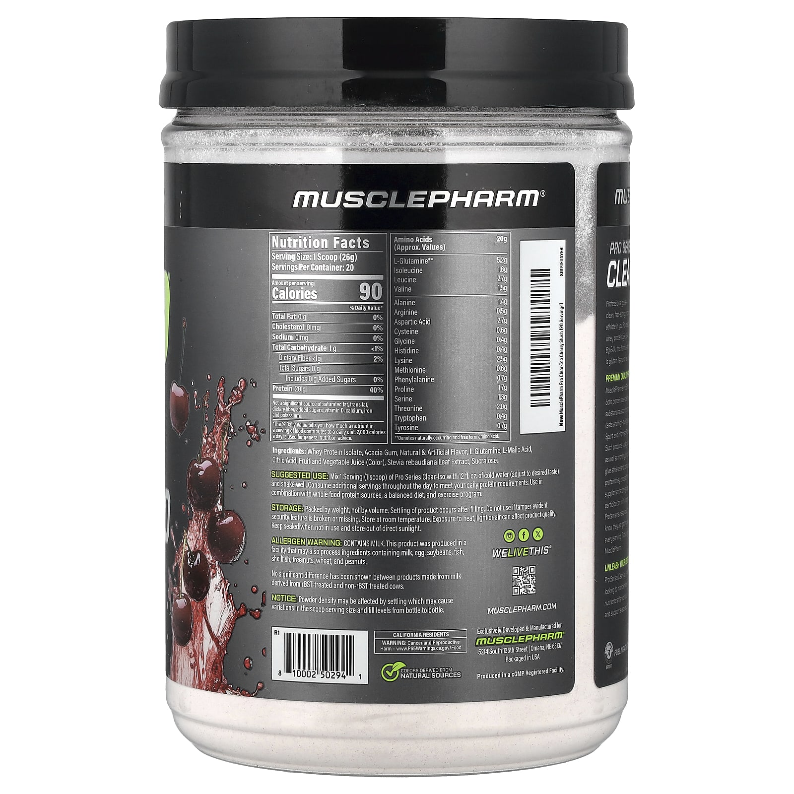 MusclePharm Pro Series Clear-ISO, Protein Powder Drink Mix – Cherry Slush – 1,14 lb — photo 2 sur 2