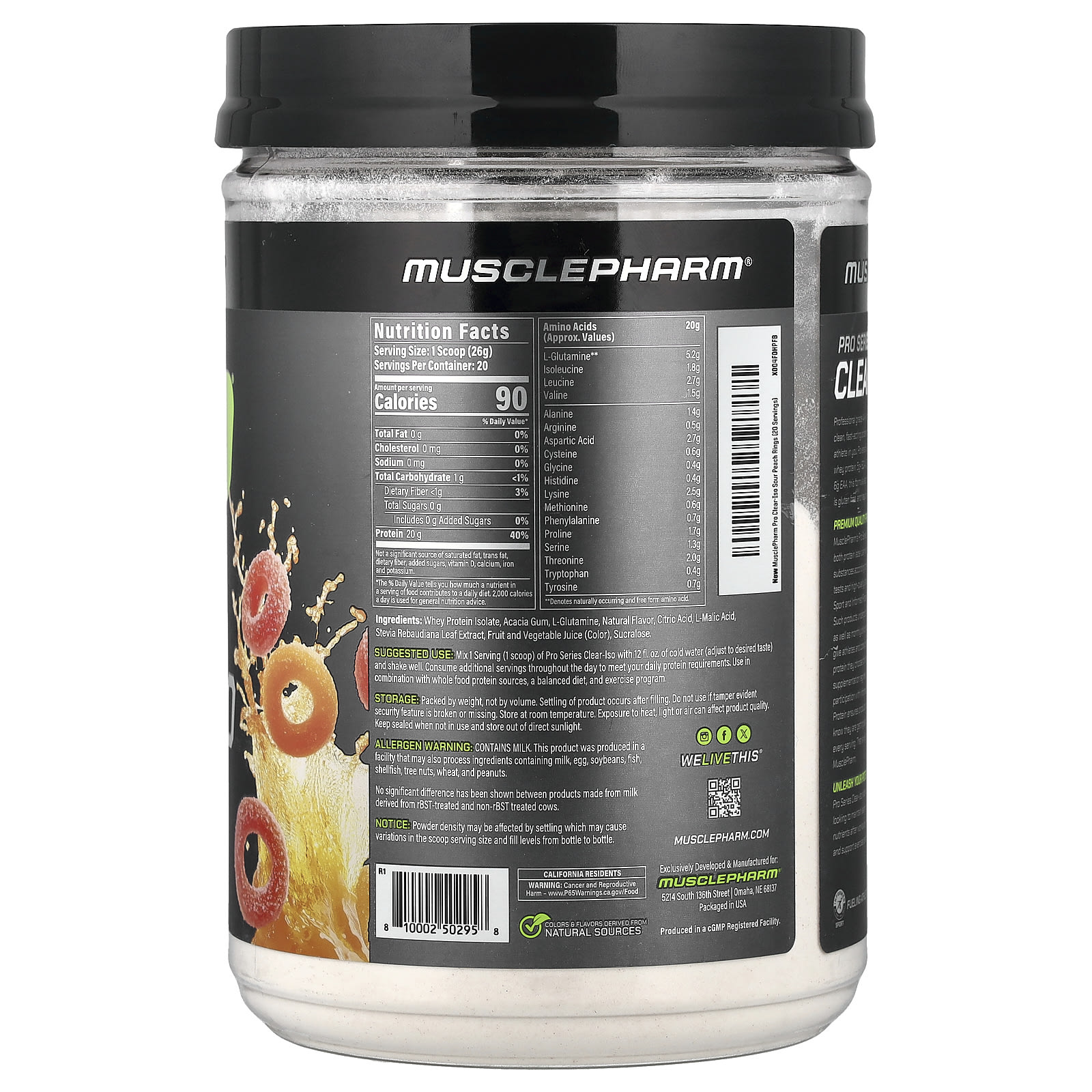 MusclePharm Pro Series Clear-ISO, Protein Powder Drink Mix – Sour Peach Rings – 1,14 lb — photo 2 sur 2
