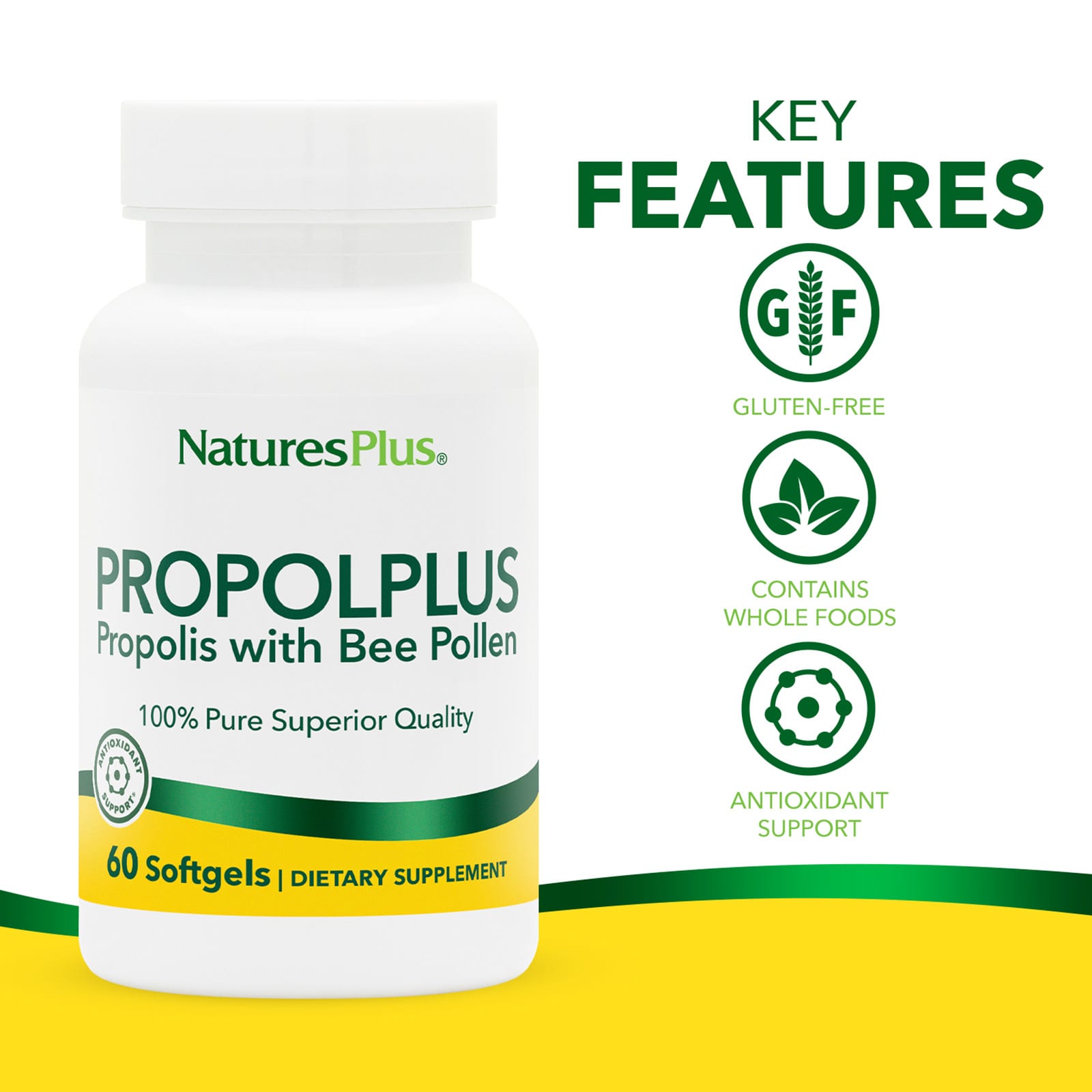 NaturesPlus Propolplus, Propolis with Bee Pollen – 60 capsules molles — étiquette 1
