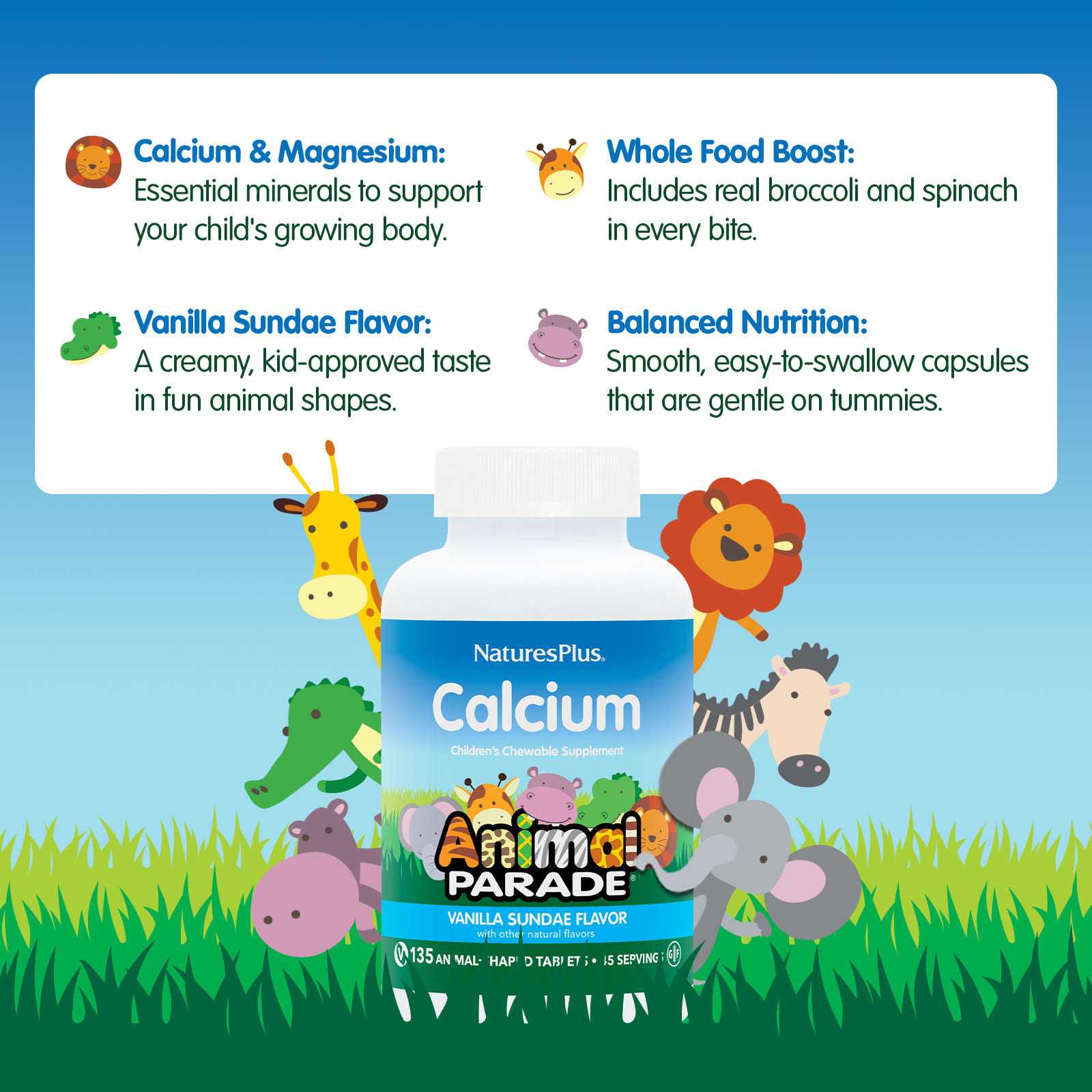 NaturesPlus Animal Parade, Calcium, Children's Chewable Supplement, 135 Animal-Shaped Tablets – Vanilla Sundae — étiquette 1