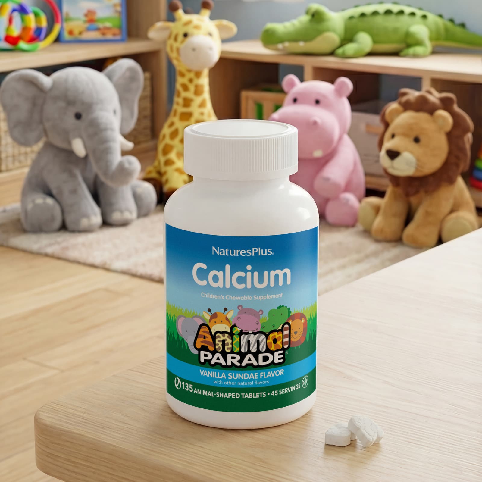 NaturesPlus Animal Parade, Calcium, Children's Chewable Supplement, 135 Animal-Shaped Tablets – Vanilla Sundae — étiquette 3