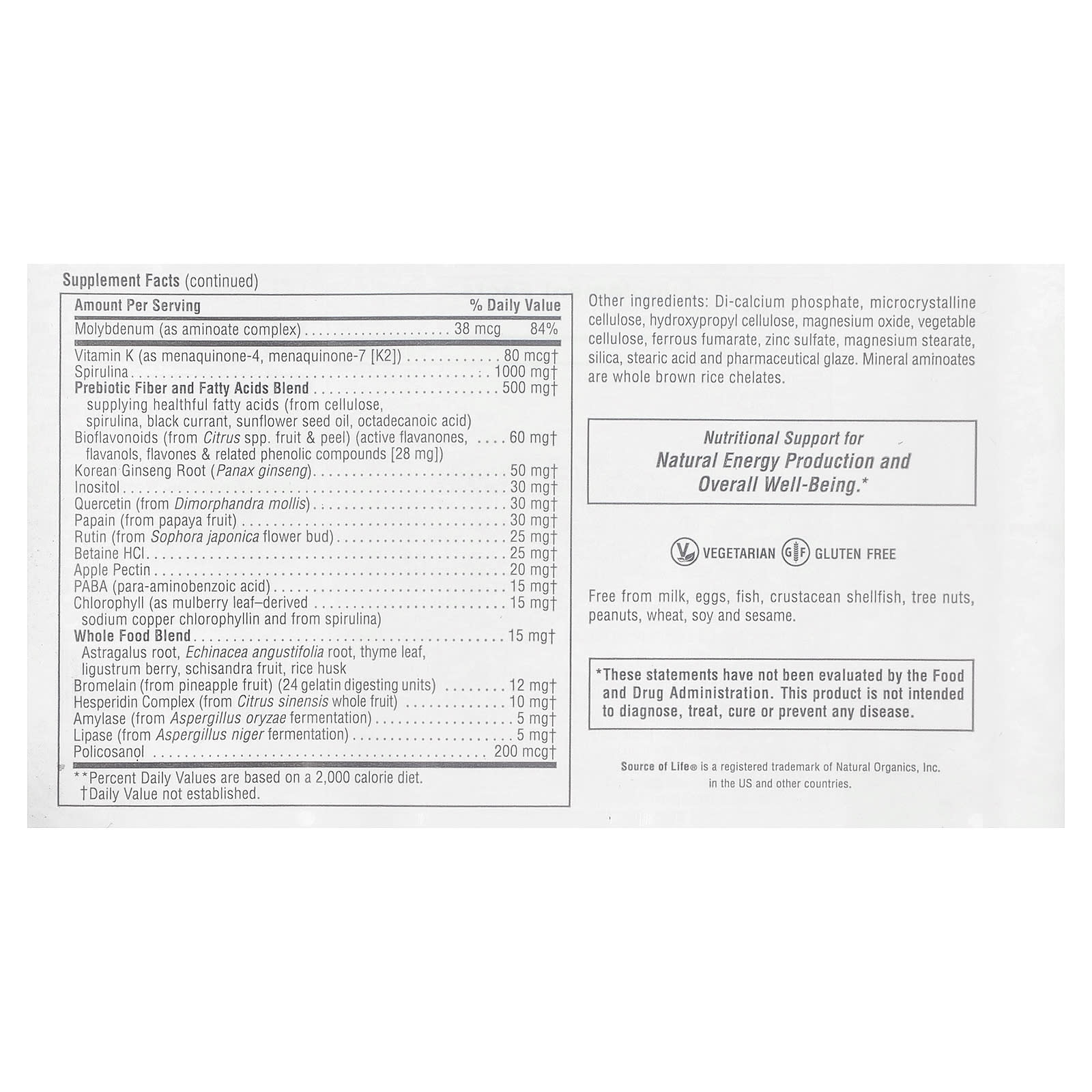 NaturesPlus Source of Life, Original Mini-Tabs, Multivitamin & Mineral Supplement with Concentrated Whole Foods – 180 comprimés — étiquette 1