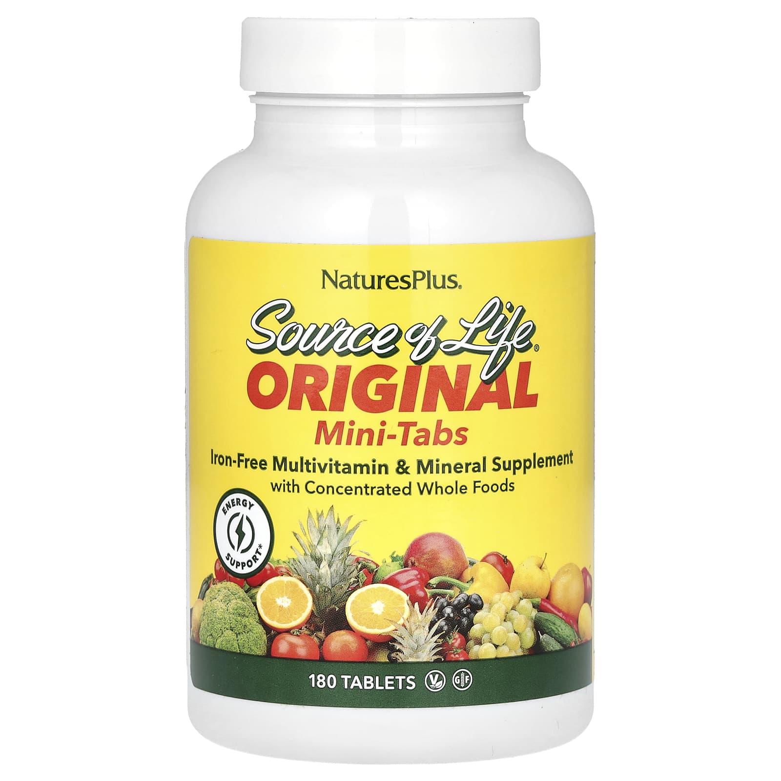 NaturesPlus Source of Life, Original Mini-Tabs, Multivitamin & Mineral Supplement with Concentrated Whole Foods, Iron-Free – 180 comprimés — Tunisie