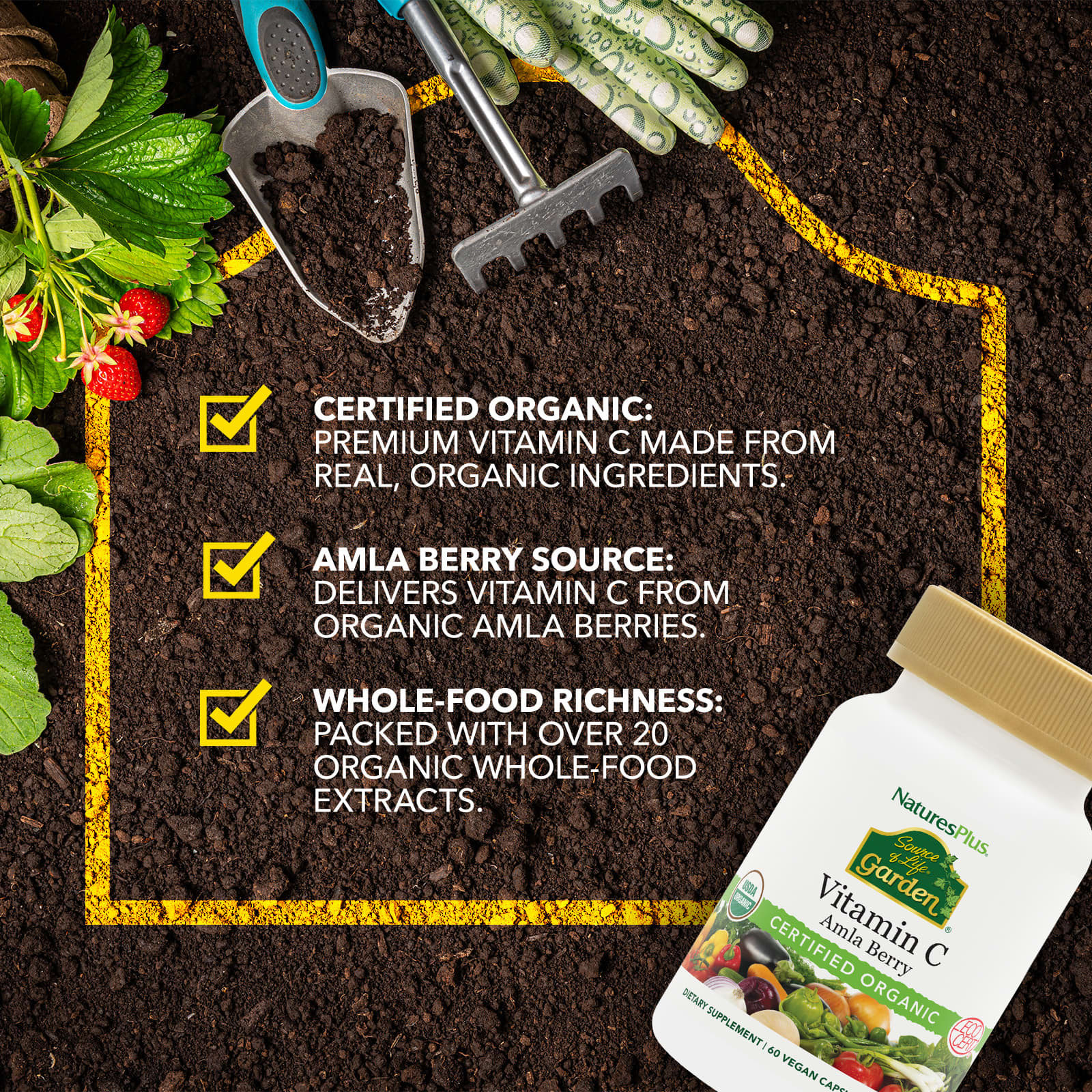 NaturesPlus Source of Life Garden, Organic Vitamin C – Amla Berry – 60 gélules véganes — étiquette 2