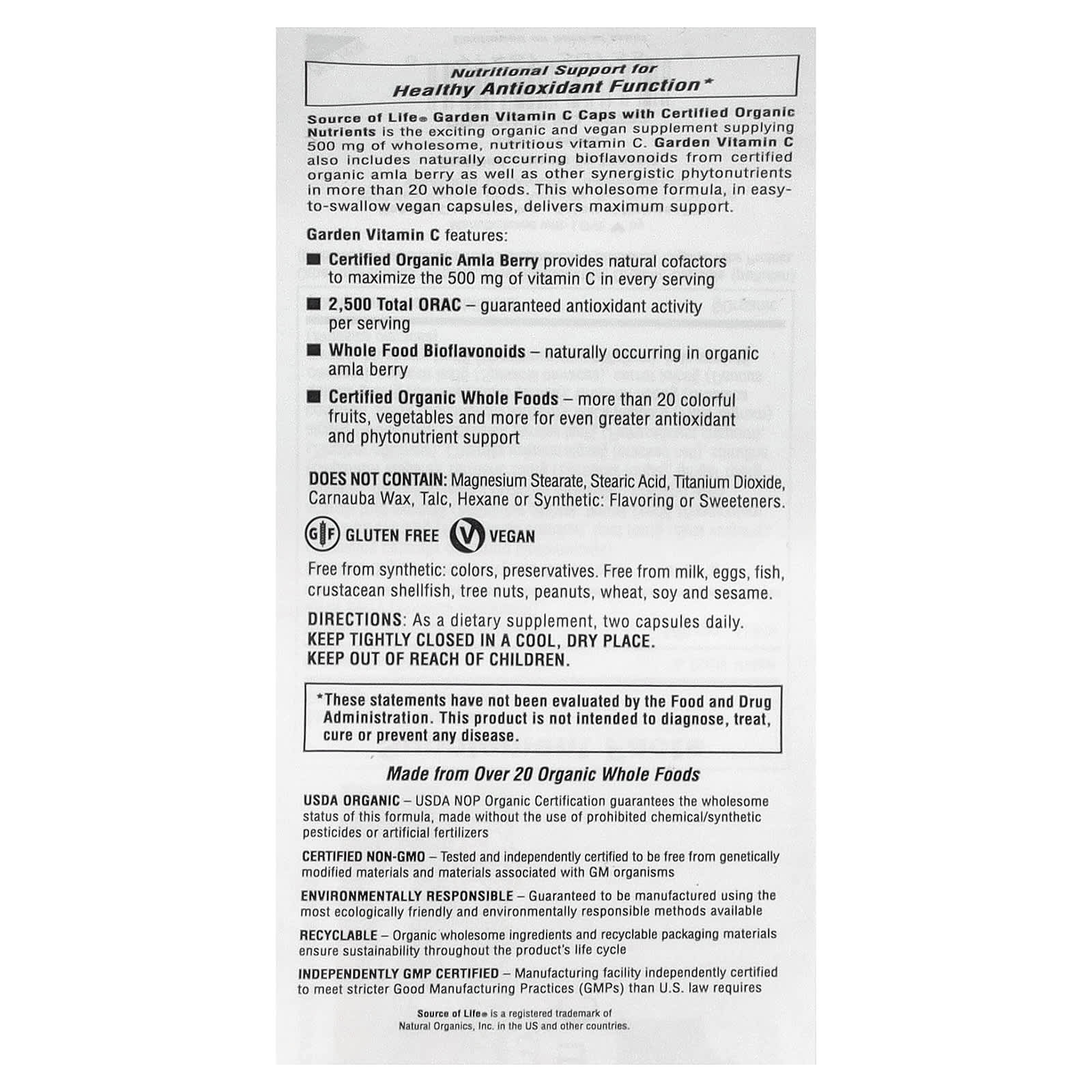 NaturesPlus Source of Life Garden, Organic Vitamin C – Amla Berry – 60 gélules véganes — étiquette 1