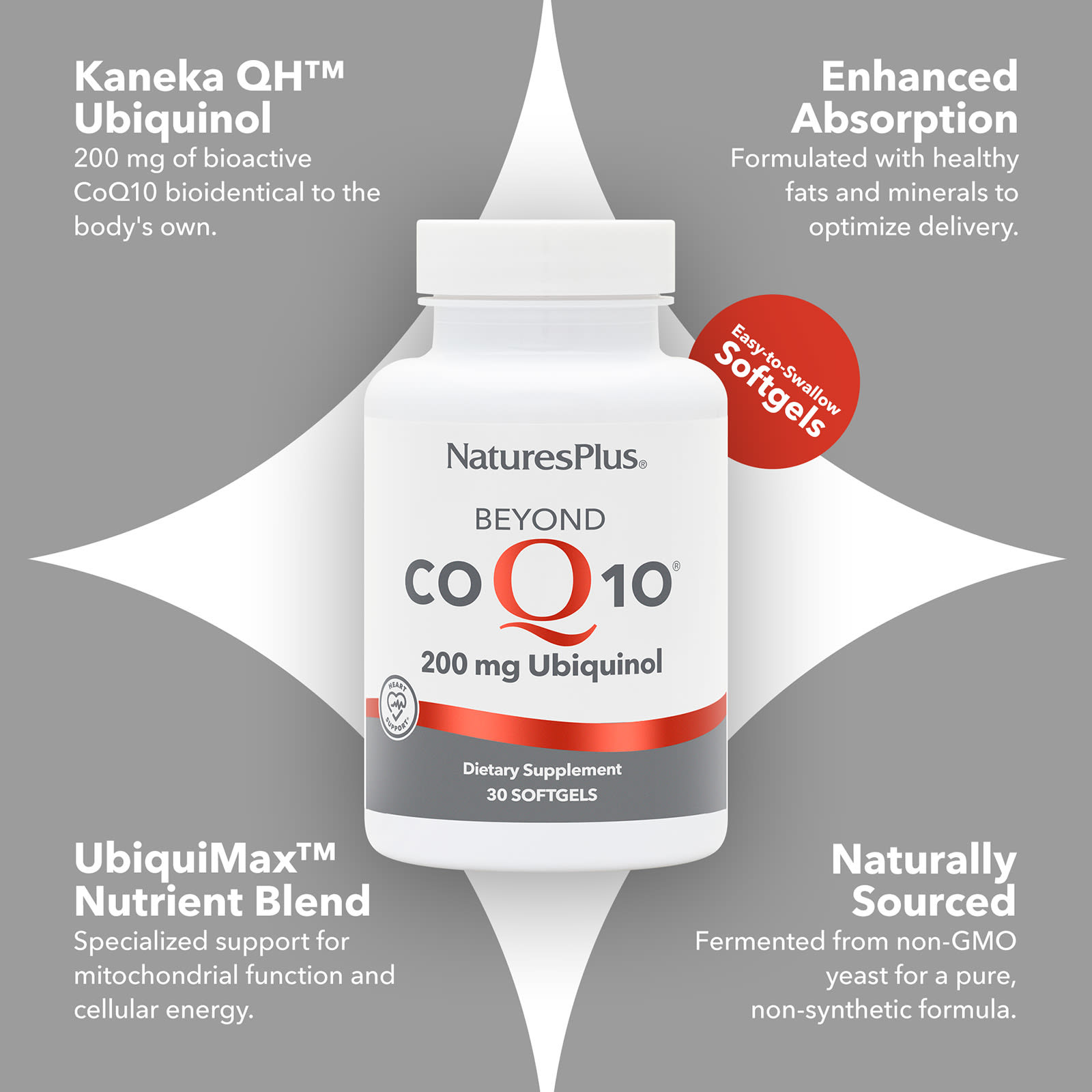 NaturesPlus Beyond CoQ10 Ubiquinol – 200 mg – 30 capsules molles — étiquette 1