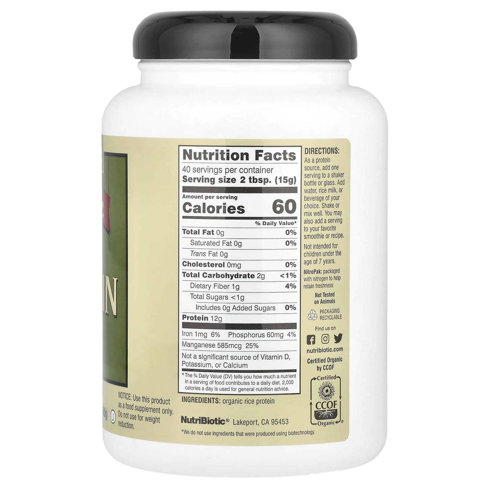NutriBiotic Organic Rice Protein Powder, Plain – 600 g — photo 2 sur 2