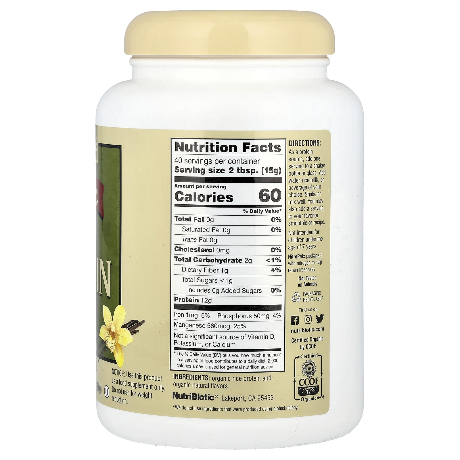 NutriBiotic Organic Rice Protein Powder – Vanilla – 600 g — photo 2 sur 2